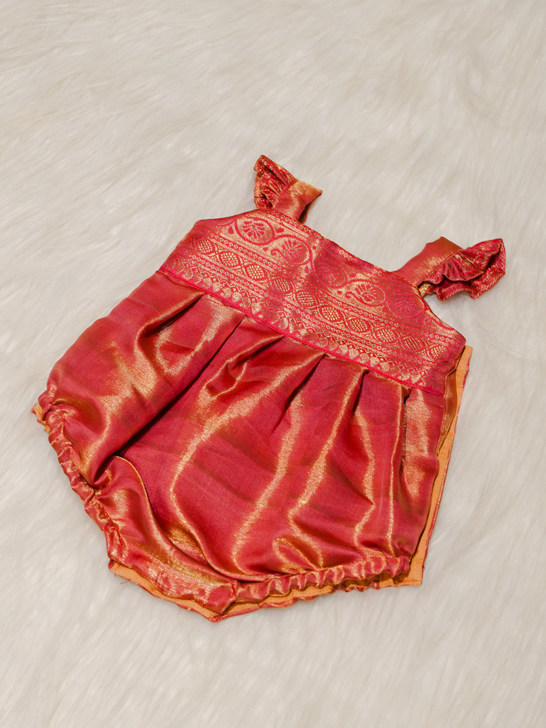 Coral Pink Kanchipuram Silk Baby Romper Set with Shoes