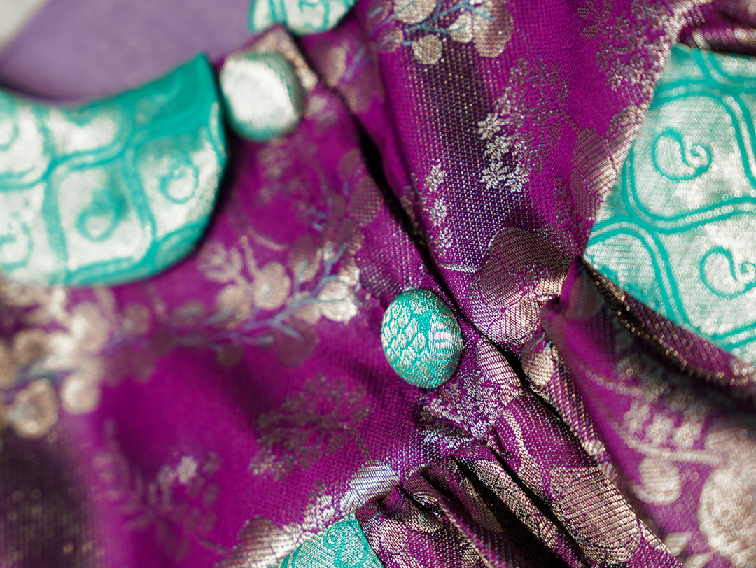 Purple & Mint Baby Silk Frock — Pure Kanchipuram Silk (0–1 Year)
