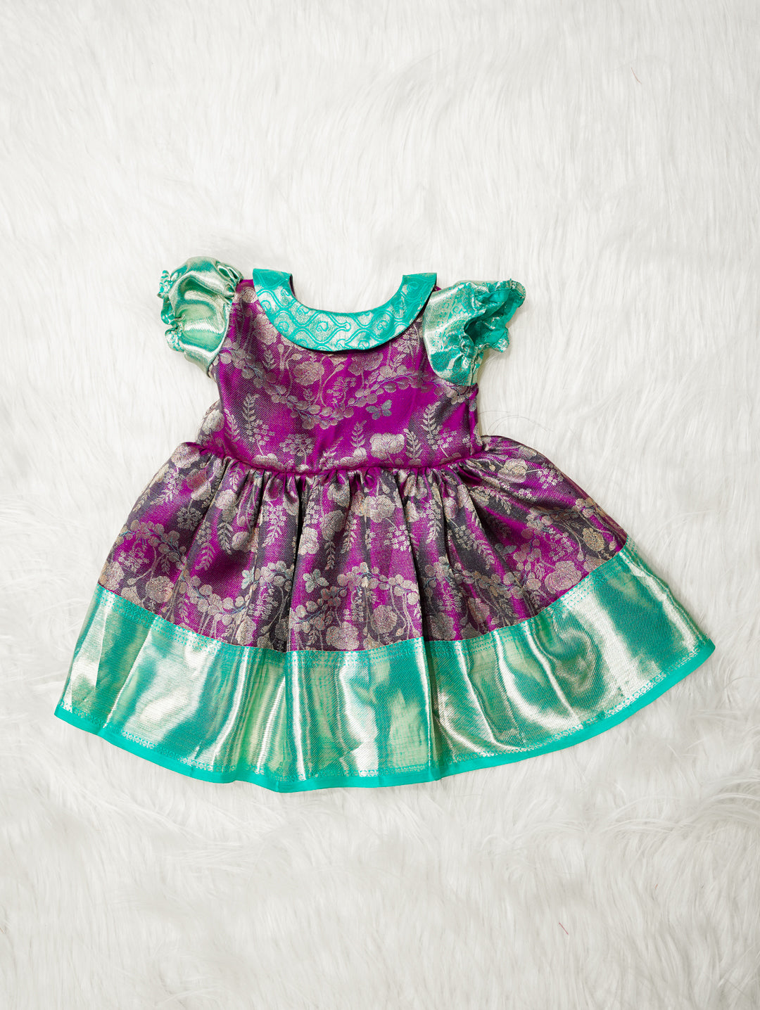 Purple & Mint Baby Silk Frock — Pure Kanchipuram Silk (0–1 Year)