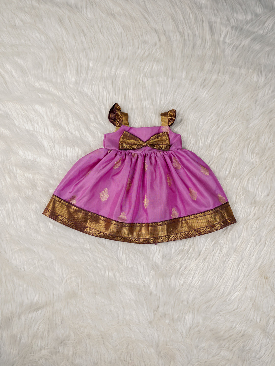 Pink Kanchipuram Bow Frock Set with Matching Booties