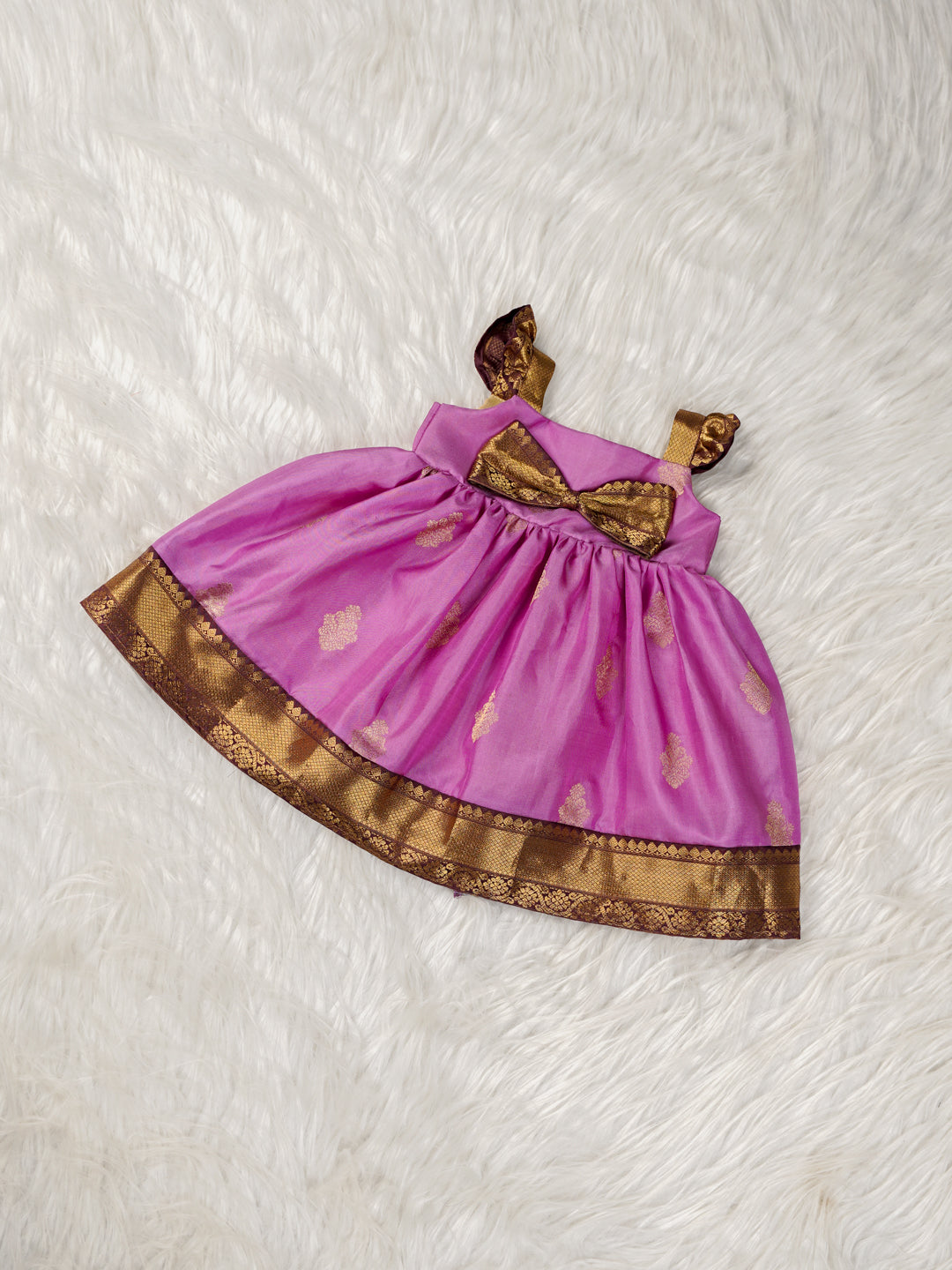 Pink Kanchipuram Bow Frock Set with Matching Booties