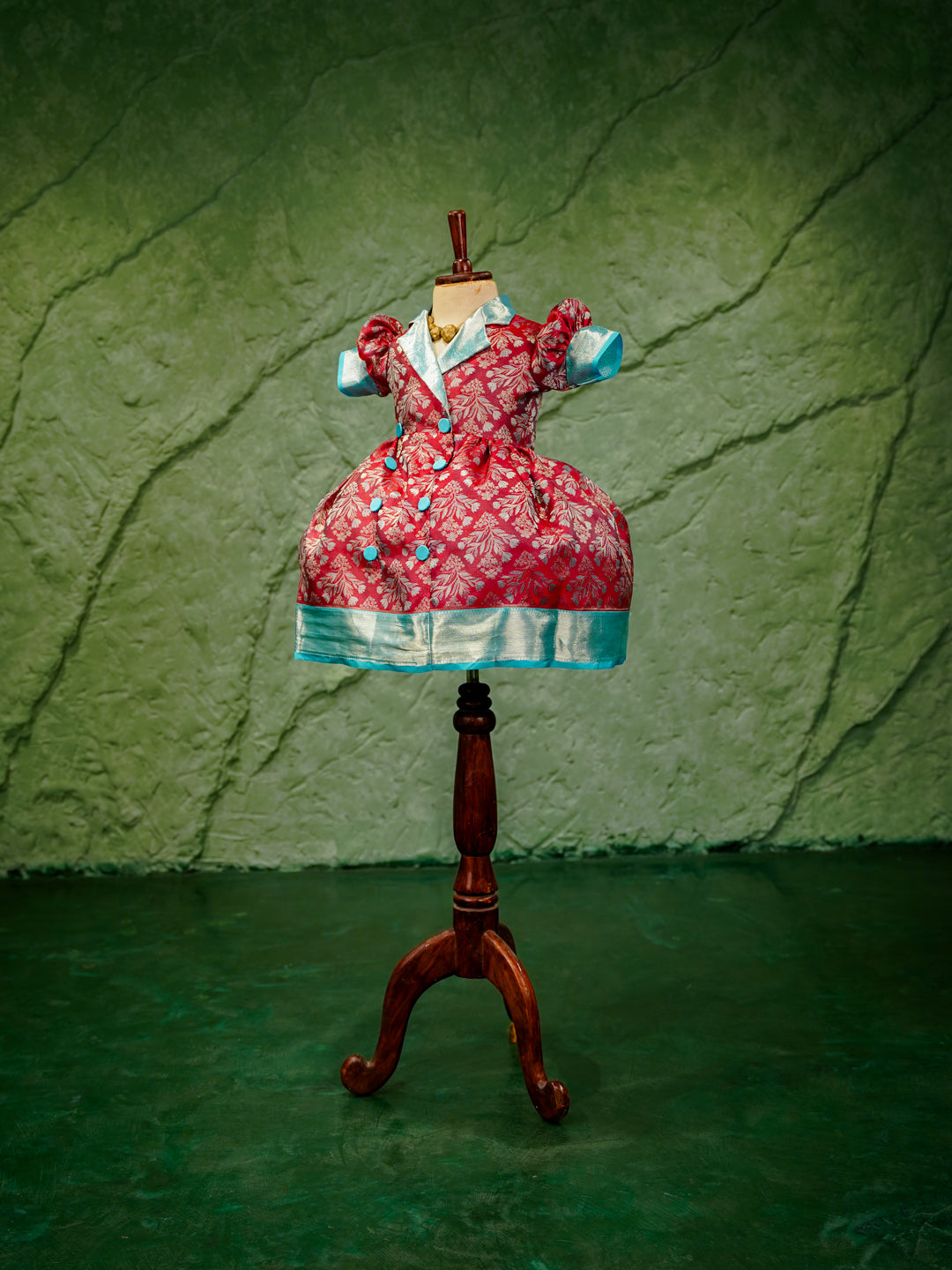 Crimson Red & Aqua Blue Kanchipuram Silk Kids Gown with Jacket Styling