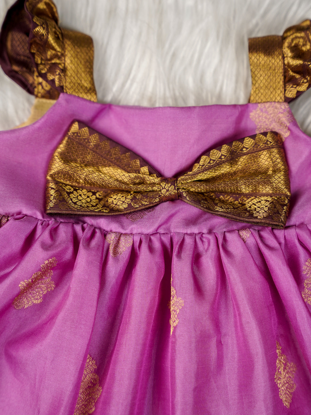 Pink Kanchipuram Bow Frock Set with Matching Booties