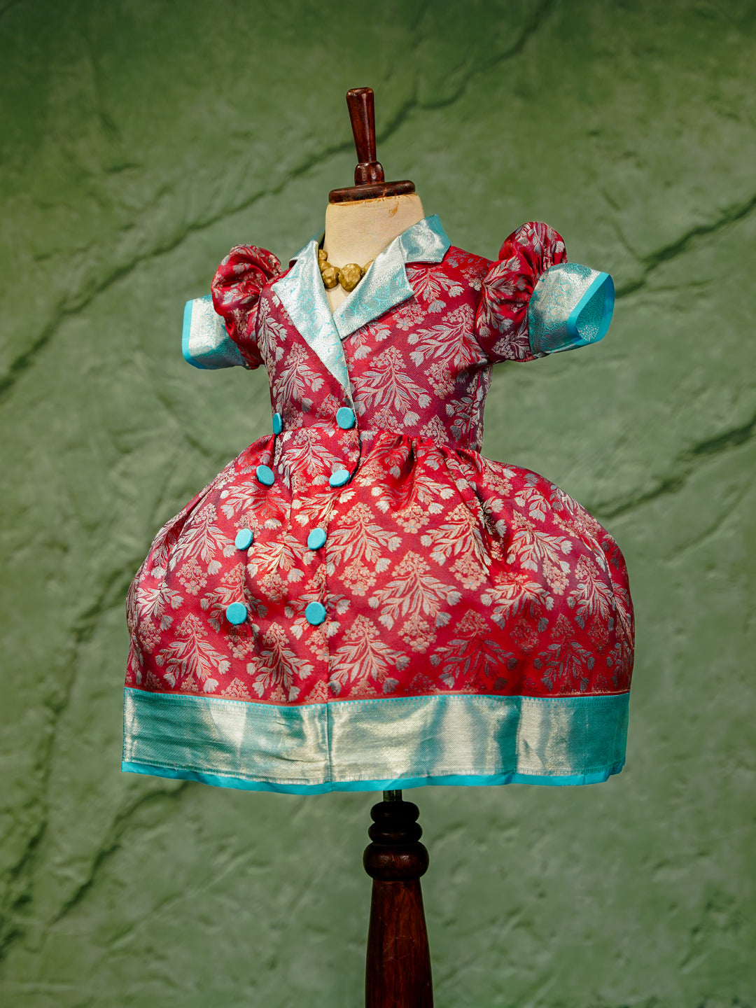 Crimson Red & Aqua Blue Kanchipuram Silk Kids Gown with Jacket Styling