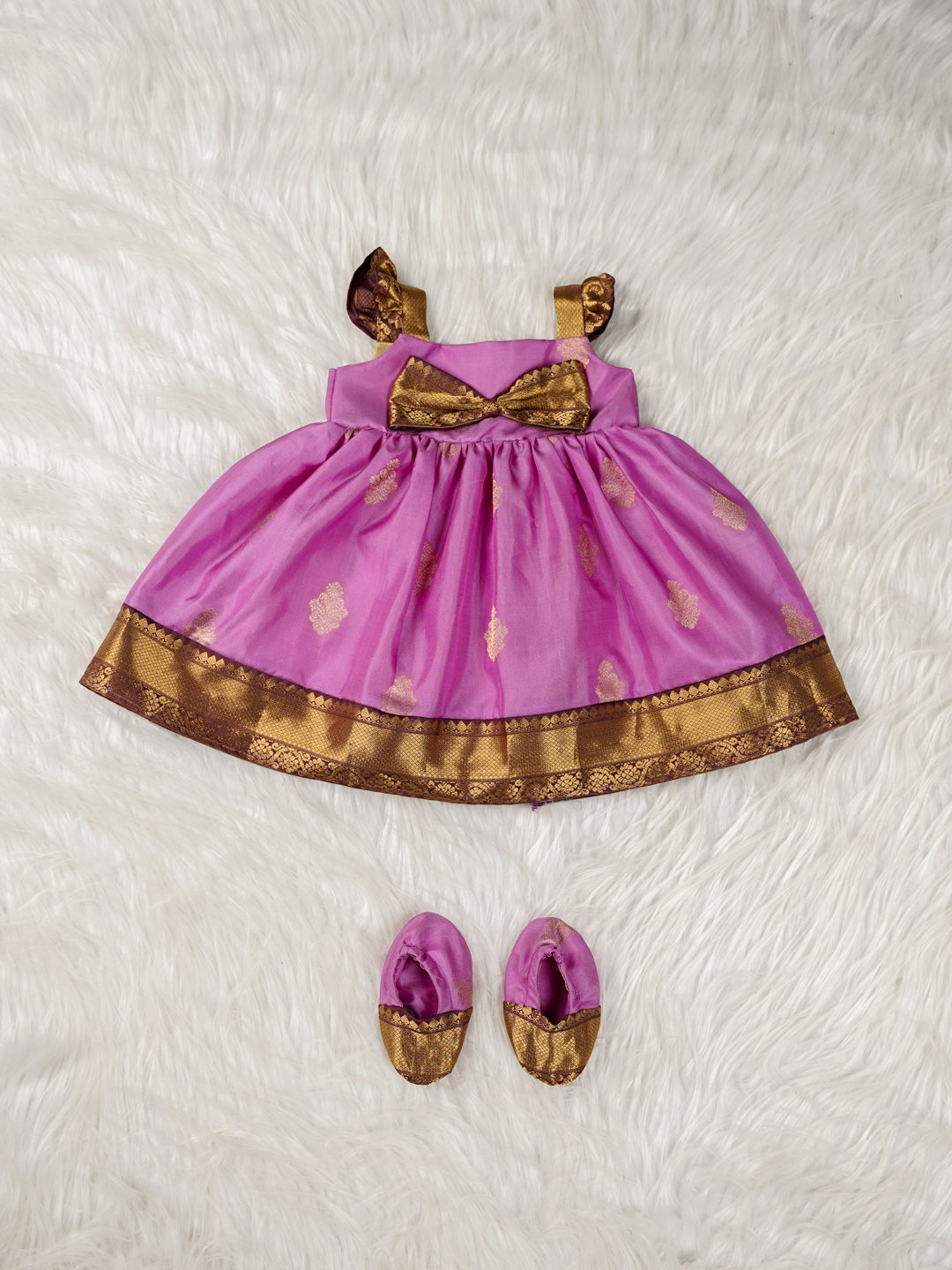Pink Kanchipuram Bow Frock Set with Matching Booties