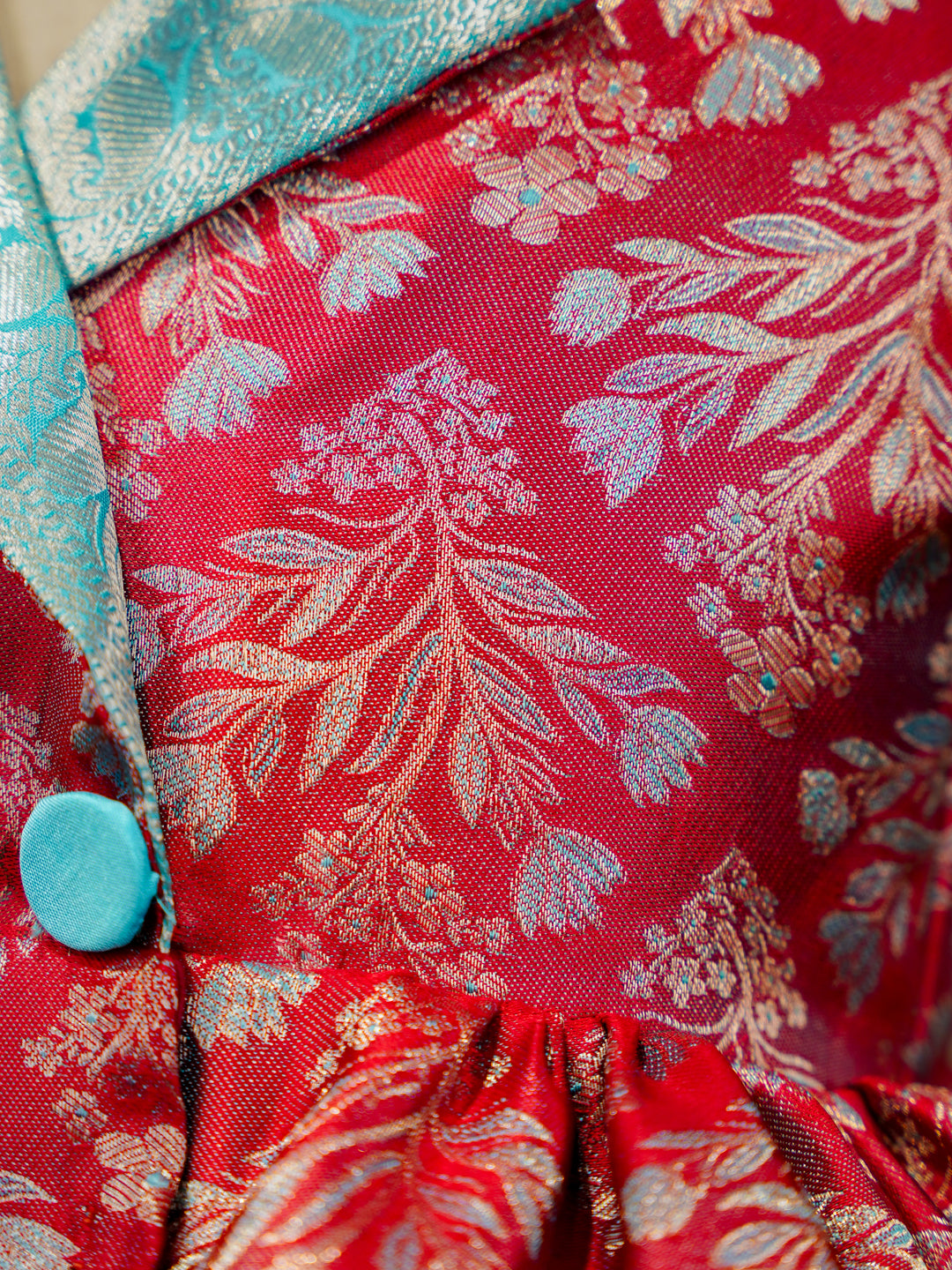 Crimson Red & Aqua Blue Kanchipuram Silk Kids Gown with Jacket Styling