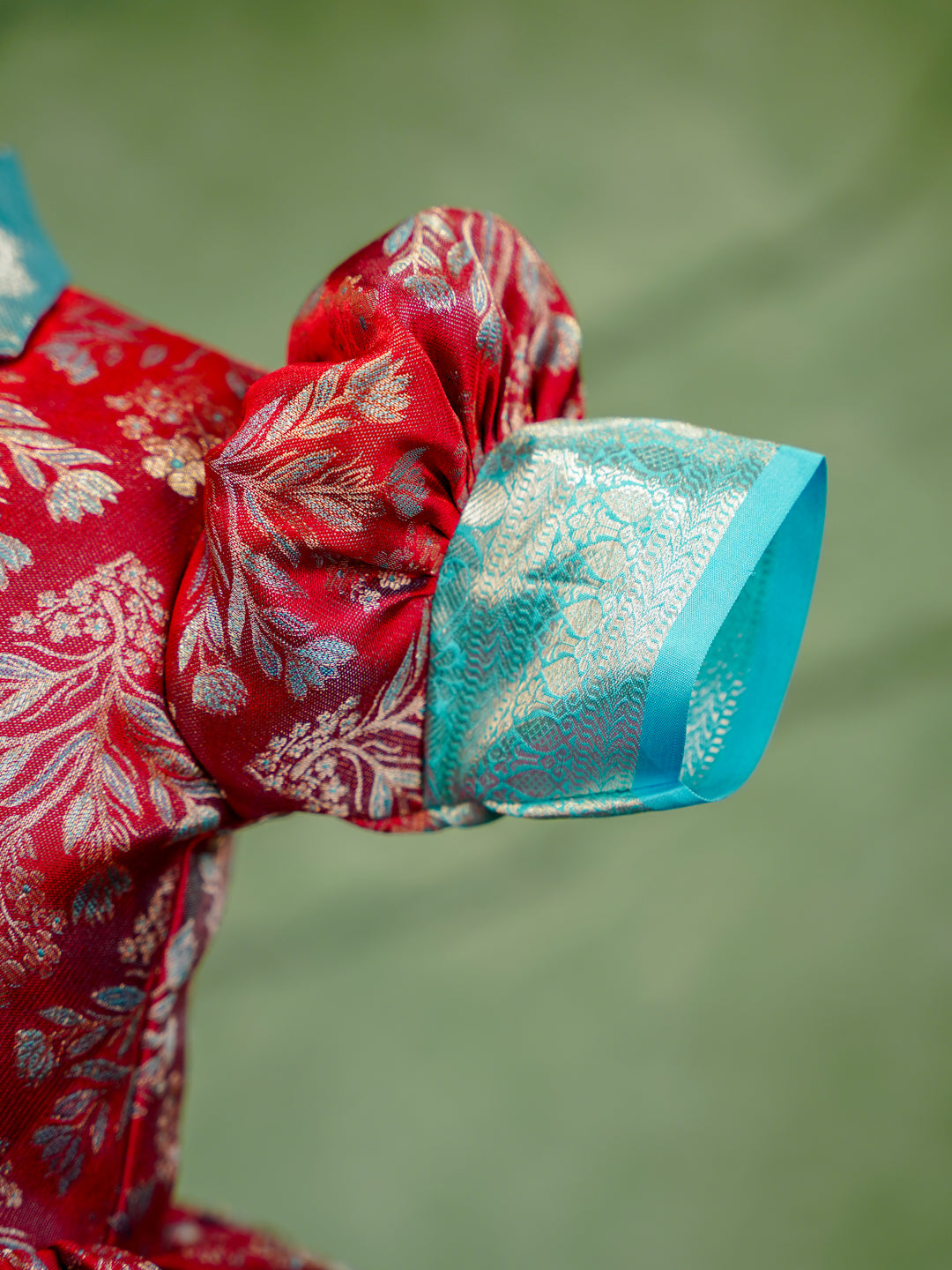 Crimson Red & Aqua Blue Kanchipuram Silk Kids Gown with Jacket Styling
