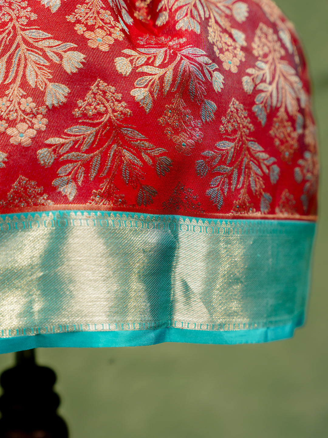 Crimson Red & Aqua Blue Kanchipuram Silk Kids Gown with Jacket Styling