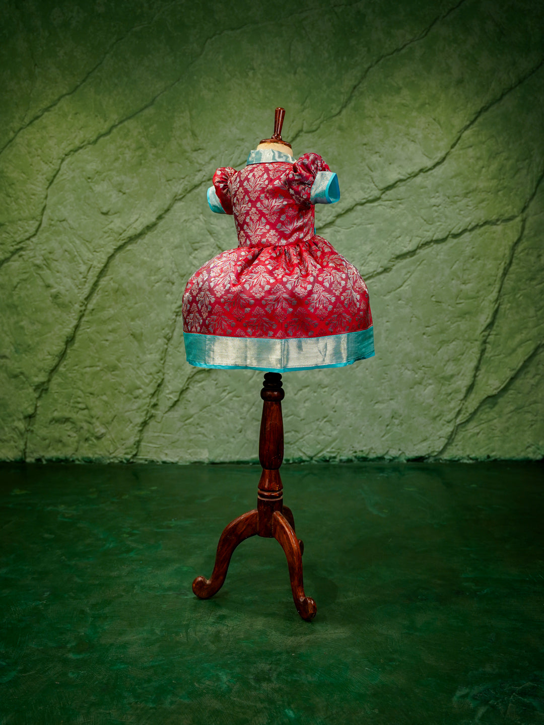 Crimson Red & Aqua Blue Kanchipuram Silk Kids Gown with Jacket Styling