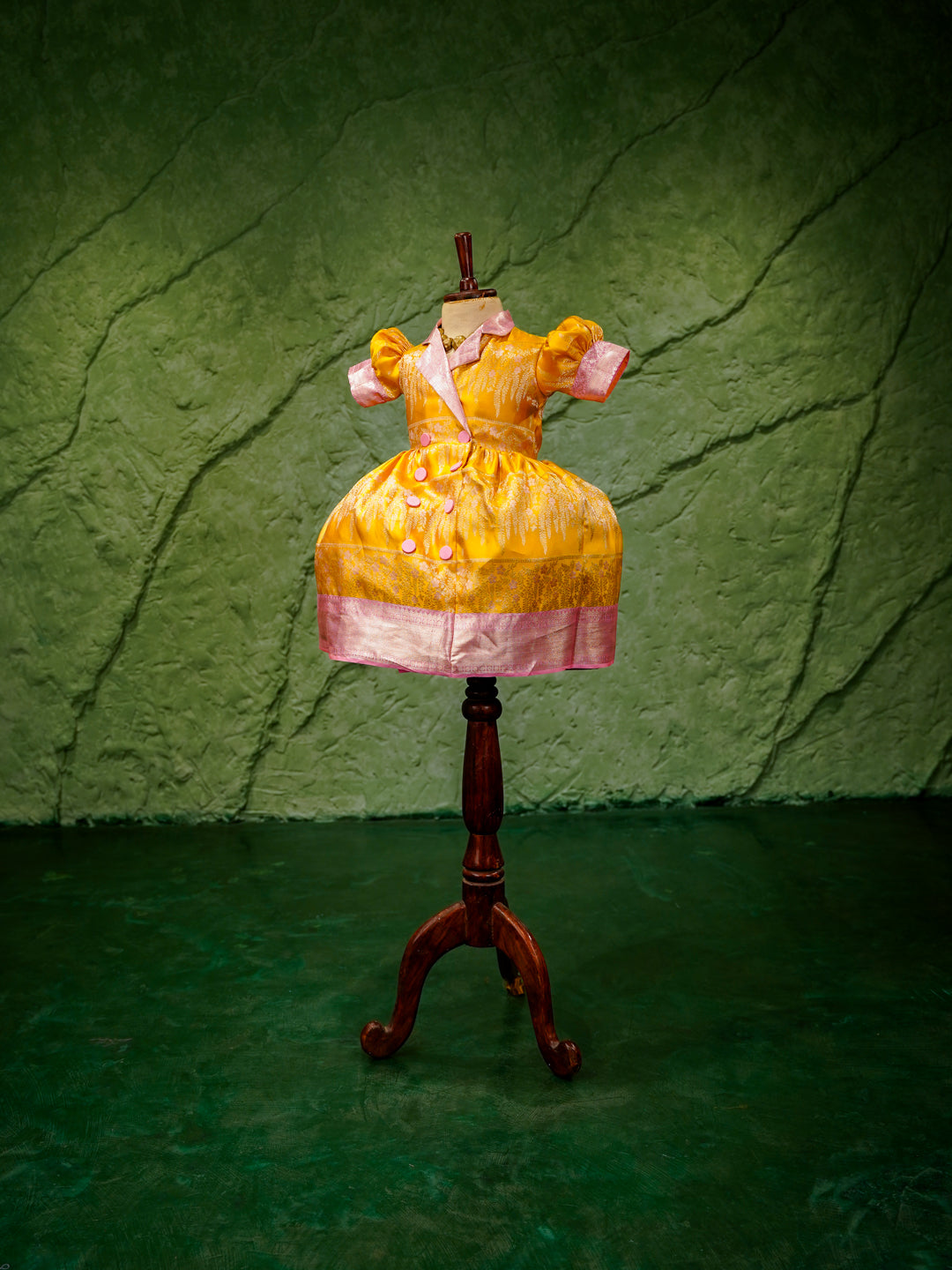 Sunshine Yellow & Pink Kanchipuram Silk Kids Gown with Jacket Style