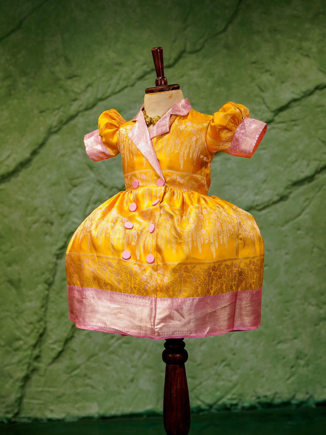 Sunshine Yellow & Pink Kanchipuram Silk Kids Gown with Jacket Style