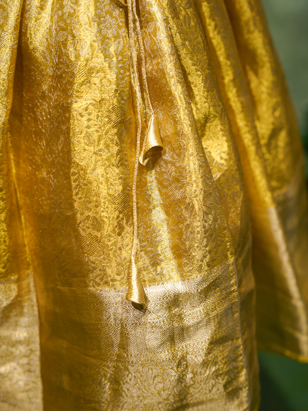 Golden Yellow Girl Silk Gown with Floral Embroidery