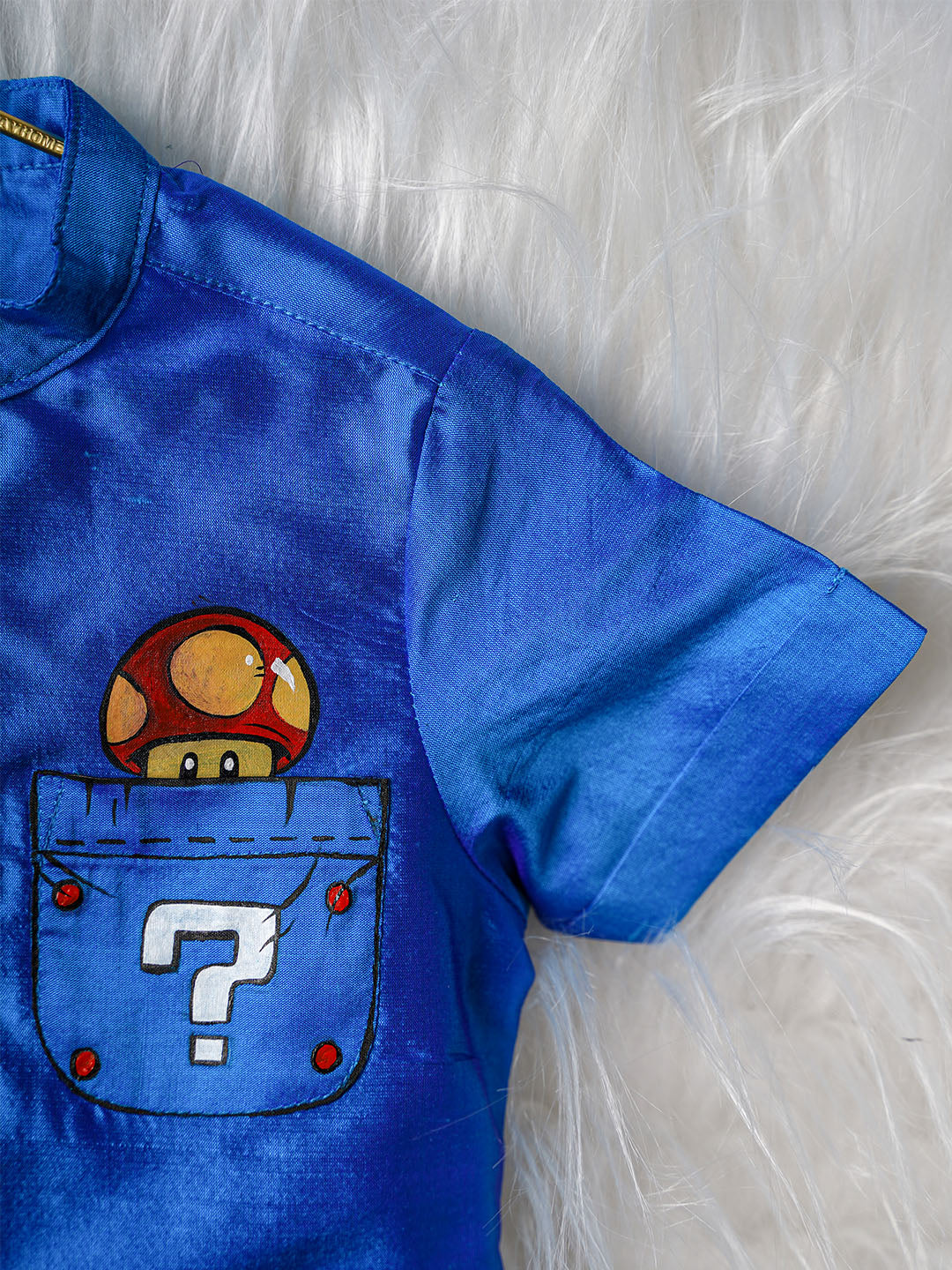Hand-Painted Mushroom Cartoon Kanchipuram Silk Baby boy shirt