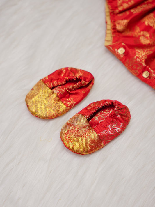 Red Newborn Silk Romper with Contrast Zari Yoke