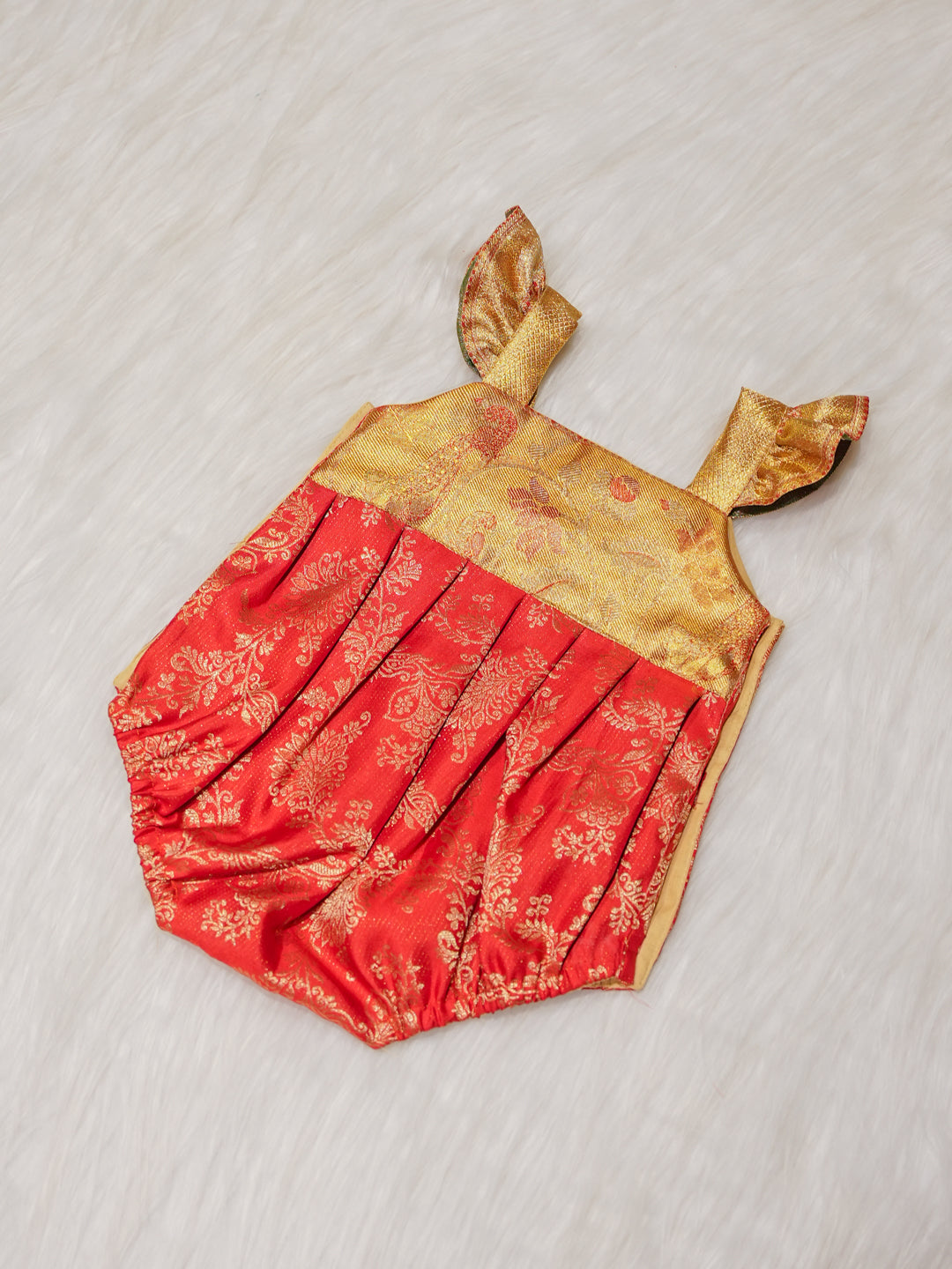 Red Newborn Silk Romper with Contrast Zari Yoke