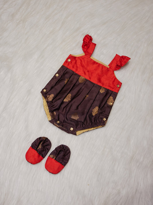 Chocolate Brown Newborn Silk Romper with Contrast Red Yoke