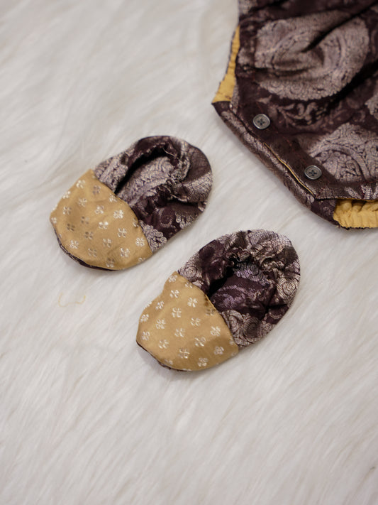 Deep Brown Newborn Silk Romper with Contrast Gold Yoke