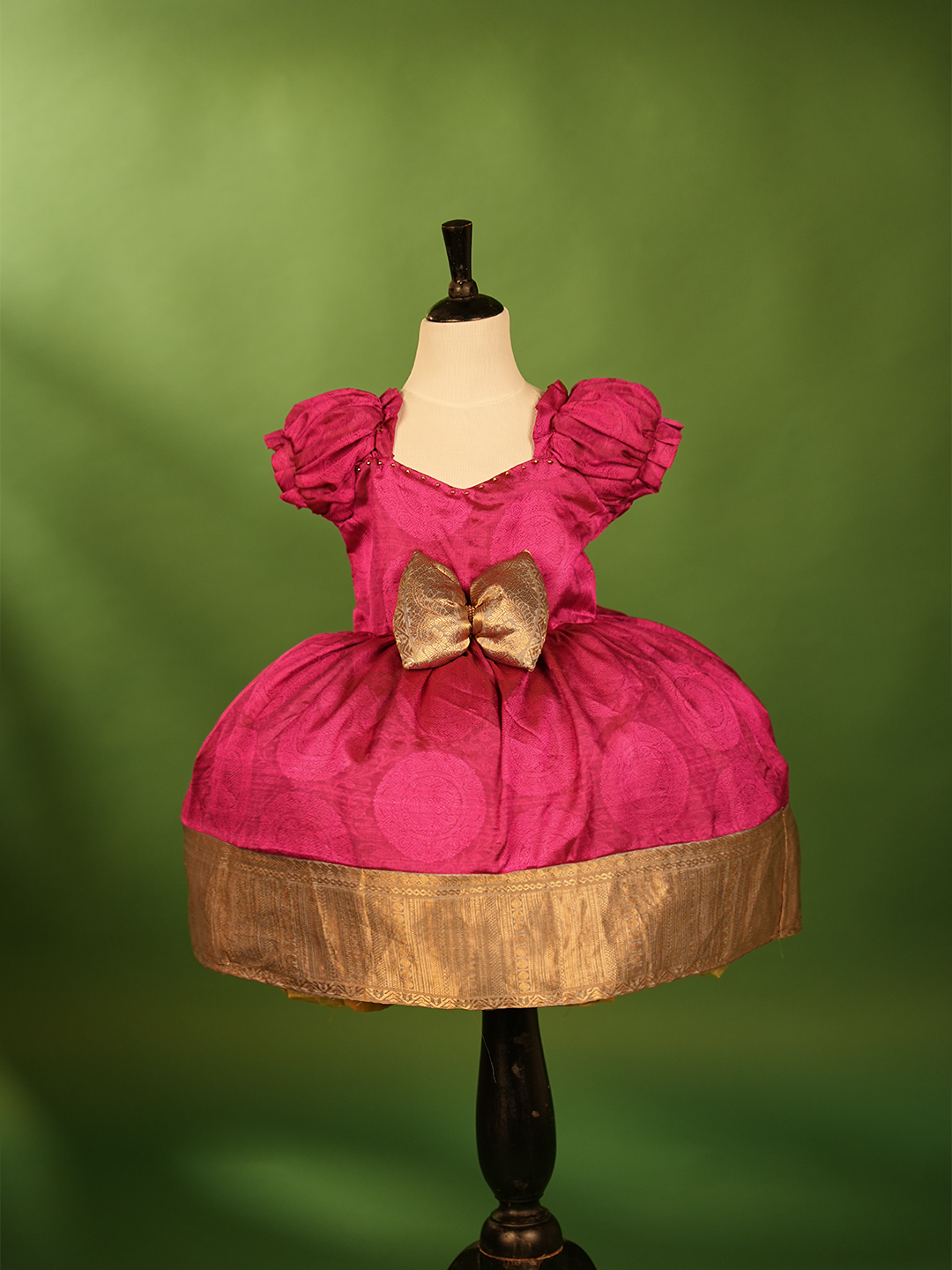 Pure Silk Barbie Pink Dress – Jacquard Weave with Border Bow