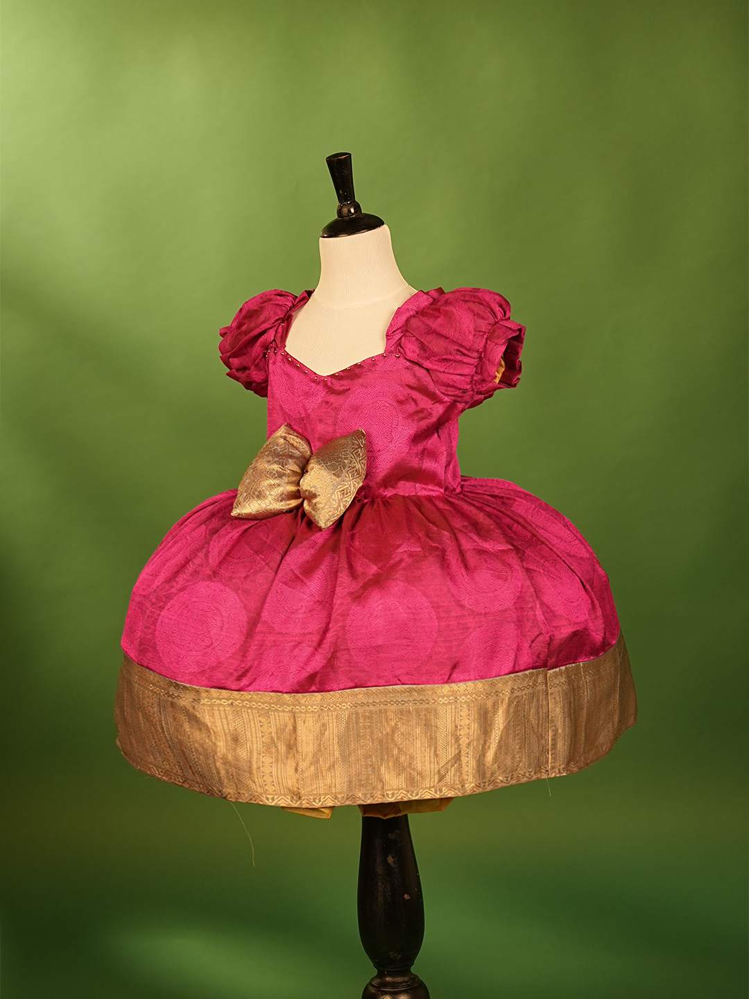 Pure Silk Barbie Pink Dress – Jacquard Weave with Border Bow