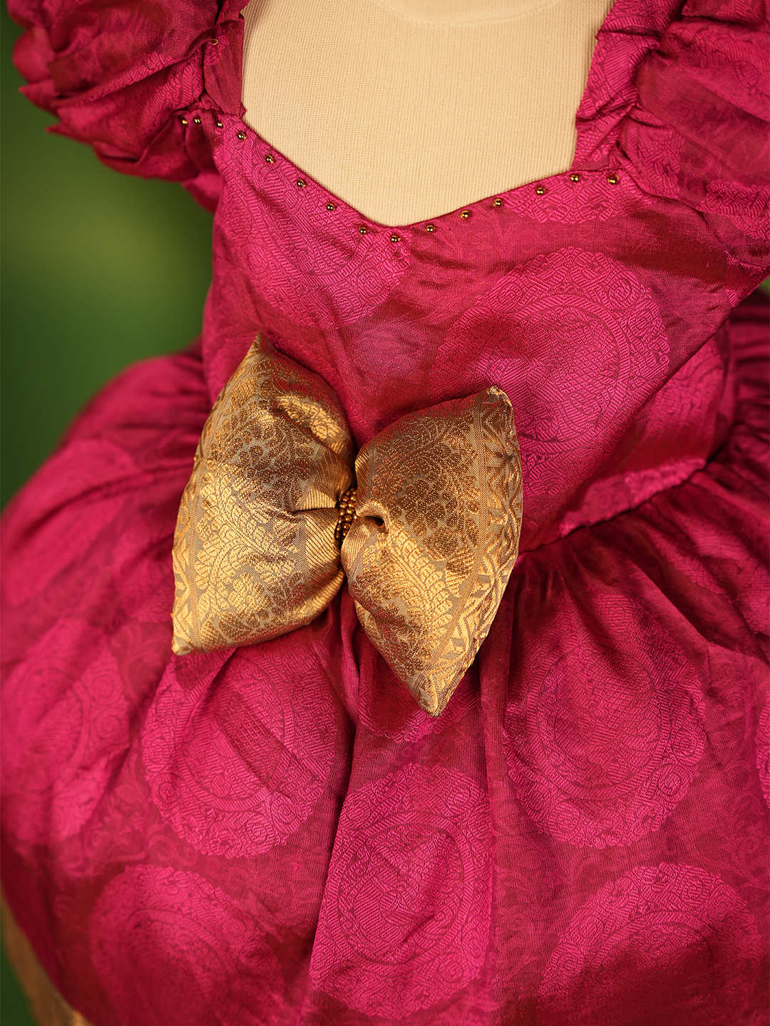 Pure Silk Barbie Pink Dress – Jacquard Weave with Border Bow