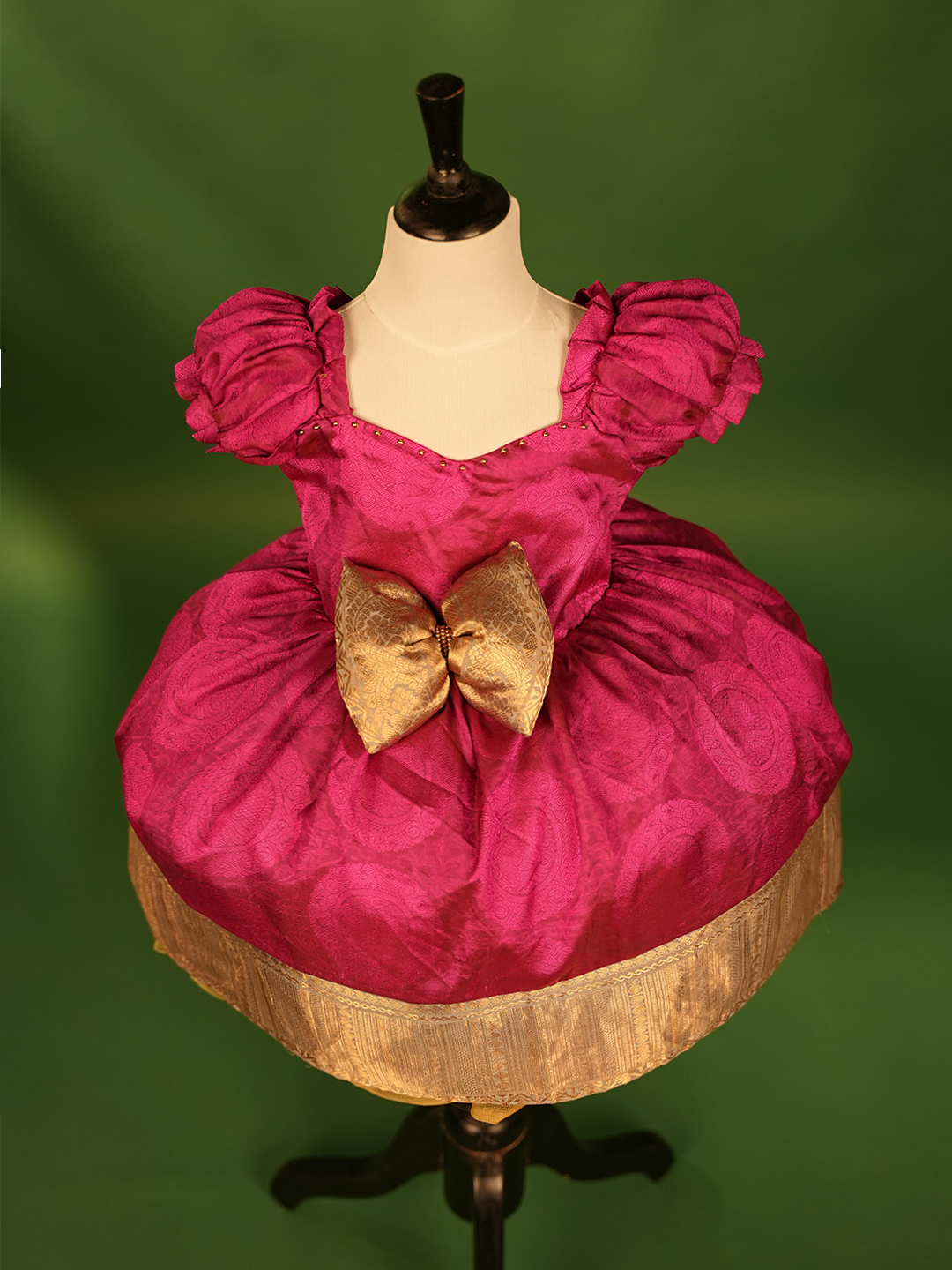 Pure Silk Barbie Pink Dress – Jacquard Weave with Border Bow