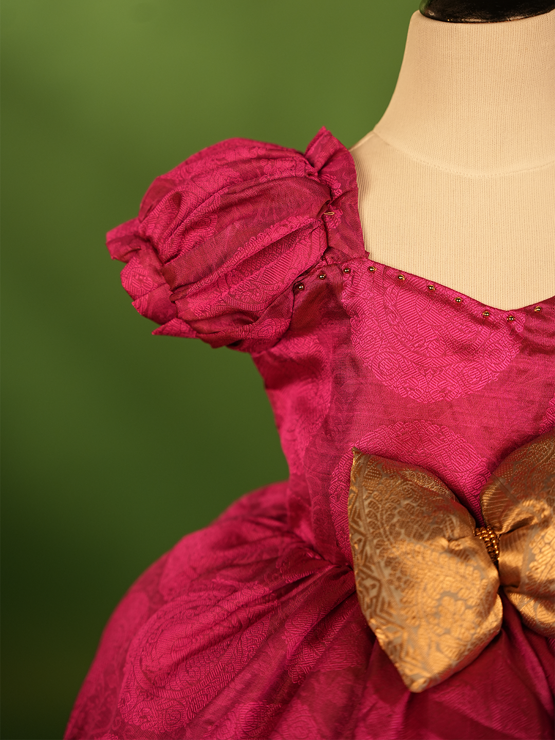 Pure Silk Barbie Pink Dress – Jacquard Weave with Border Bow