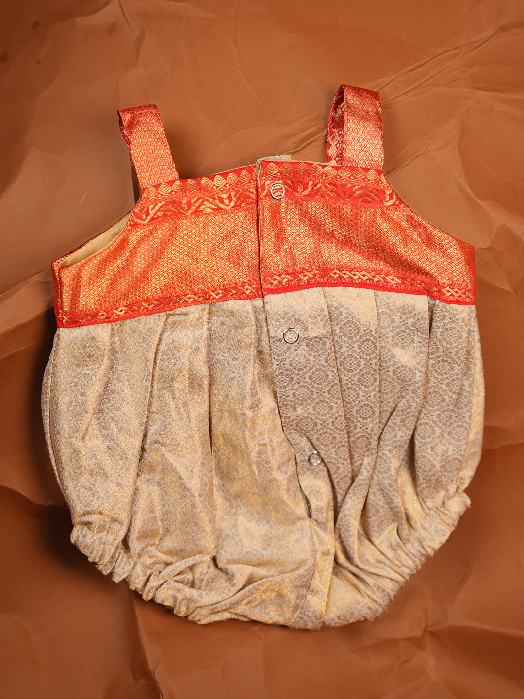 Sunset Bloom – Beige & Red Zari Silk Romper