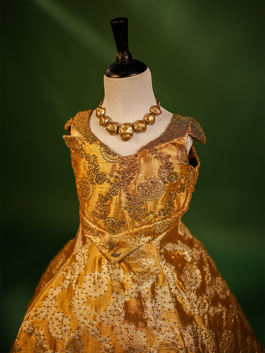 Luxury Gold Birthday Gown for Girls – Hand Embroidered with Silver Zari & Soft Net