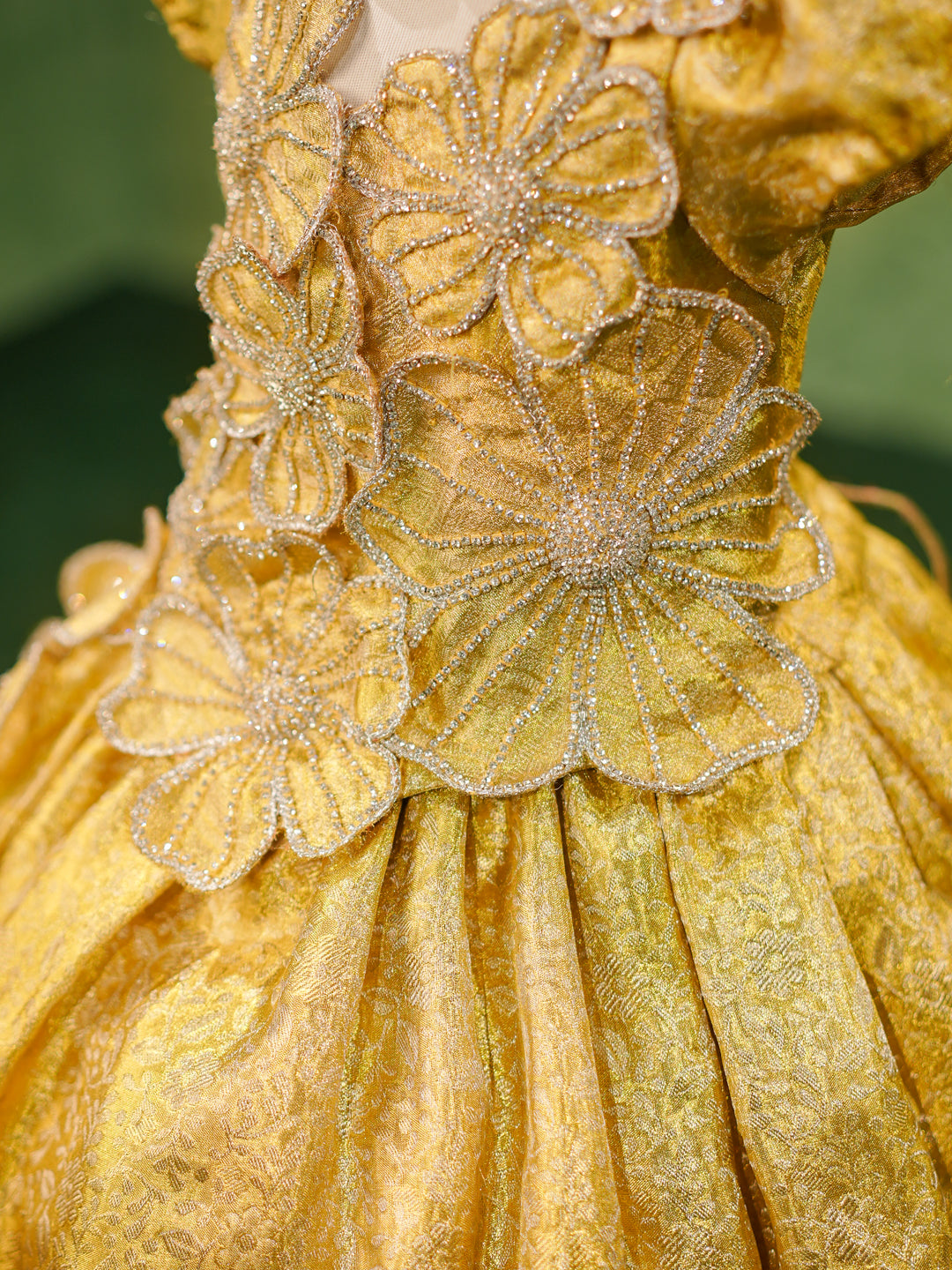 Pastel Yellow Kanchipuram Silk 3D Floral Gown