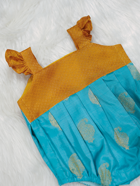 Turquoise Blue & Mustard Kanchipuram Silk Paisley Newborn Girl Romper