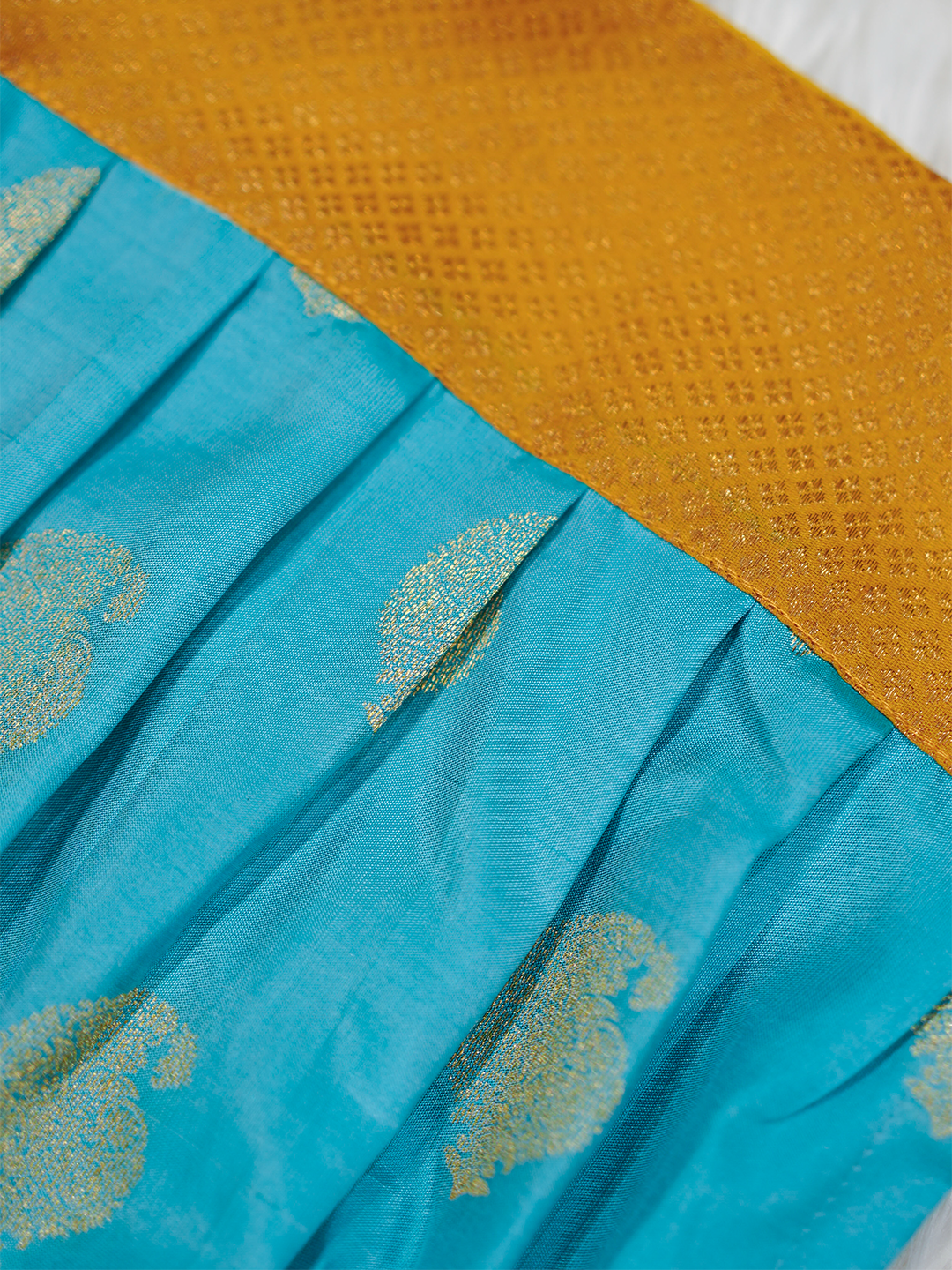 Turquoise Blue & Mustard Kanchipuram Silk Paisley Newborn Girl Romper