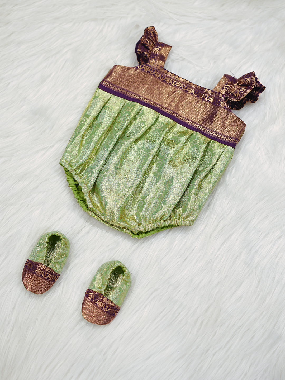 Pistachio Green & Coffee Kanchipuram Silk Romper Set