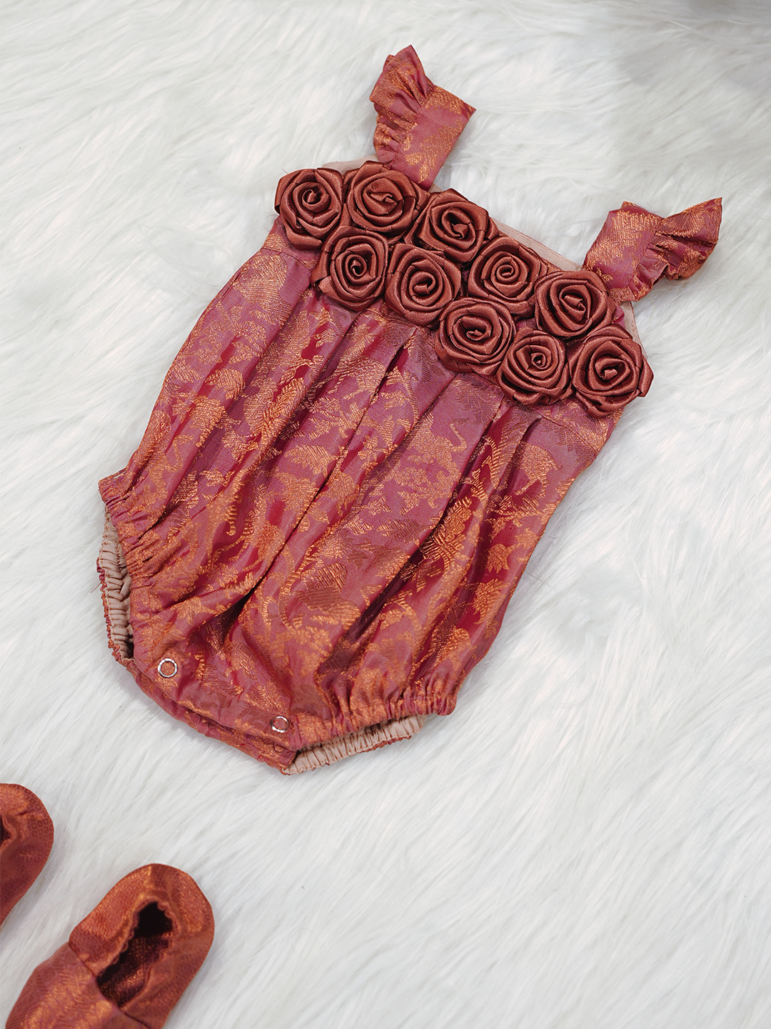 Terracotta Rose Kanchipuram Silk Rosette Romper Set