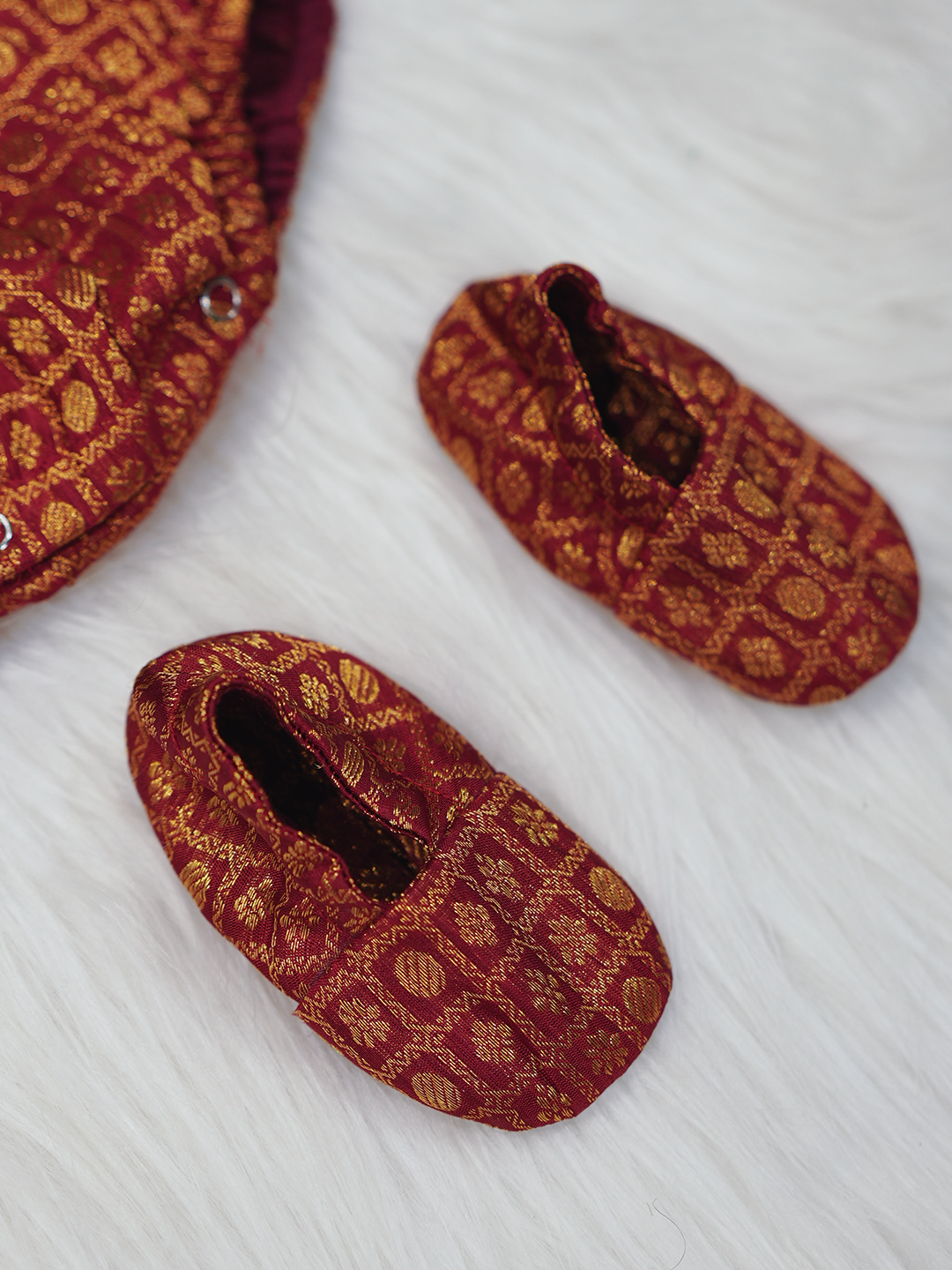 Maroon & Gold Kanchipuram Silk Rosette Romper Set