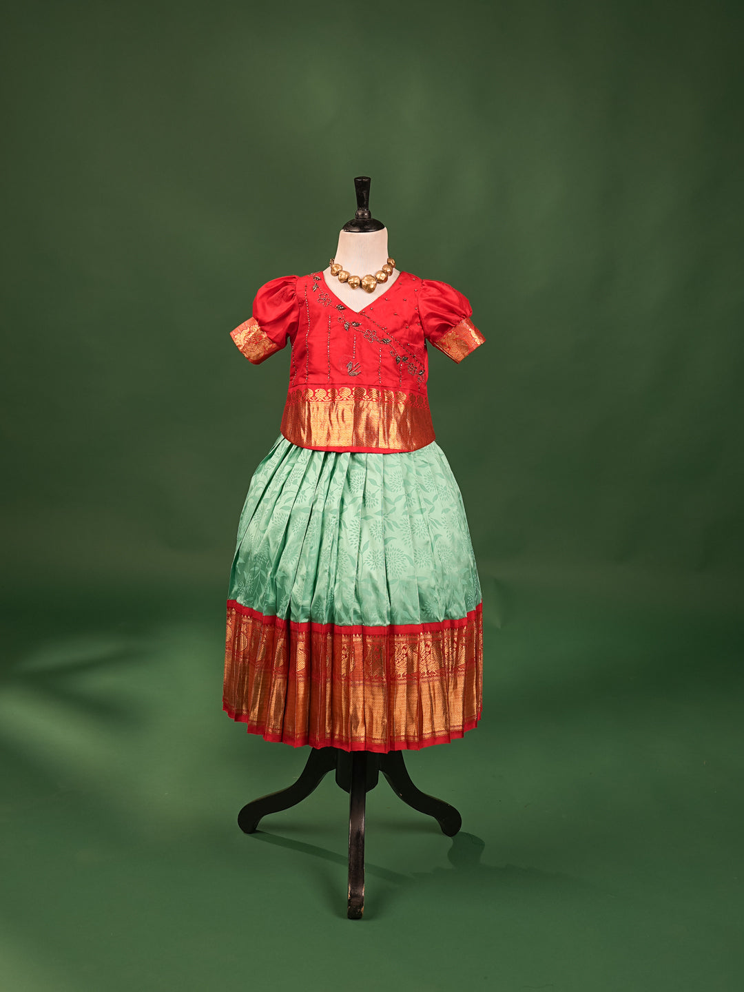 Scarlet Red and Mint Green Pure Silk Pavadai Set – Zari Border & Embroidery