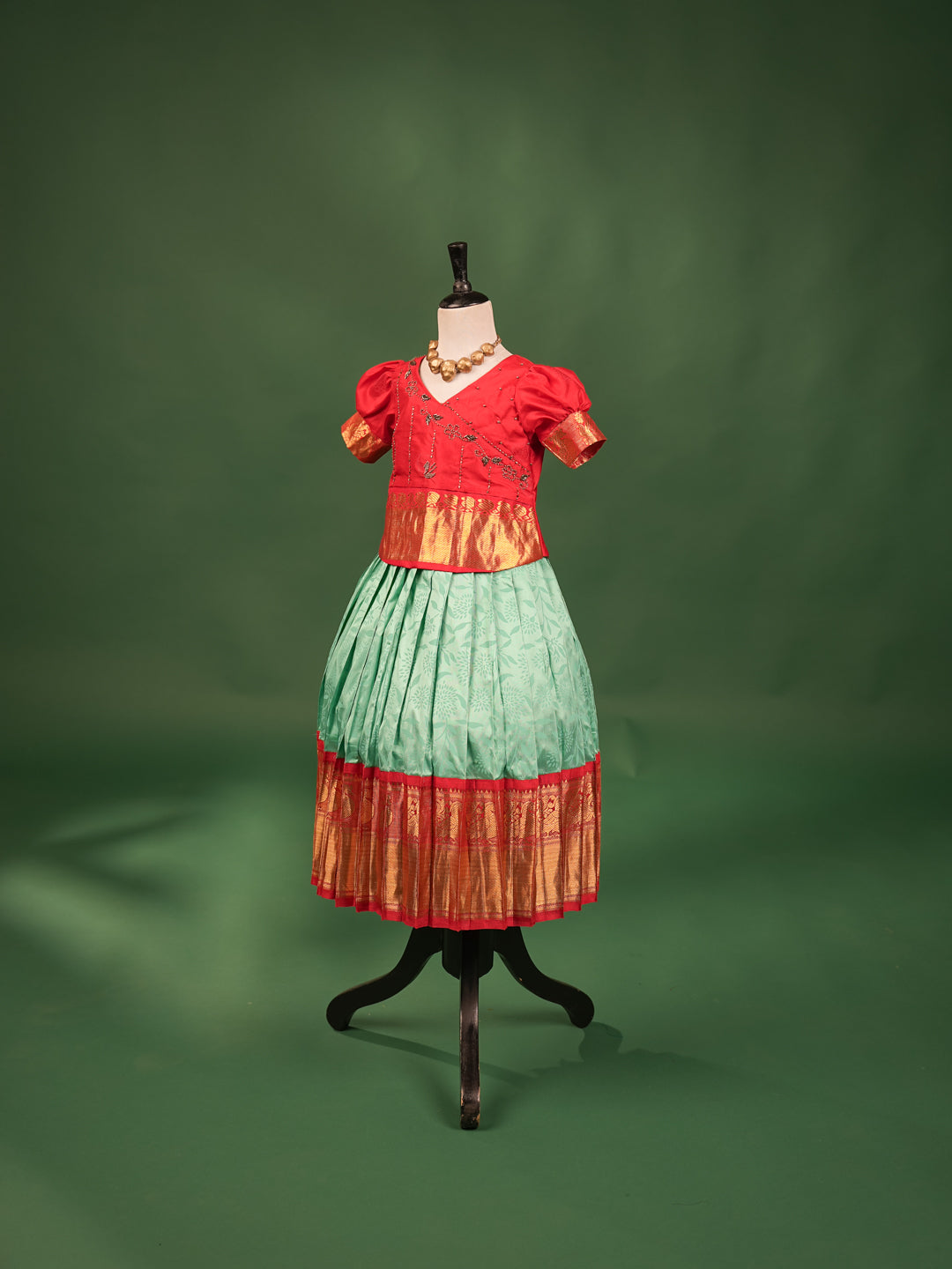 Scarlet Red and Mint Green Pure Silk Pavadai Set – Zari Border & Embroidery