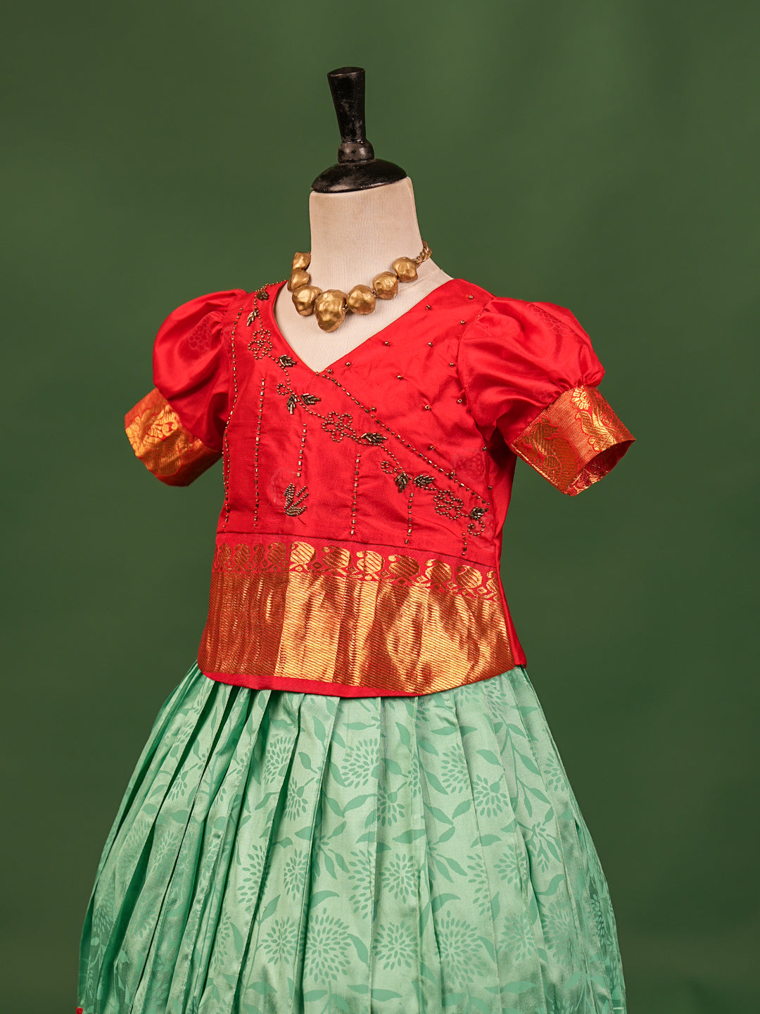 Scarlet Red and Mint Green Pure Silk Pavadai Set – Zari Border & Embroidery