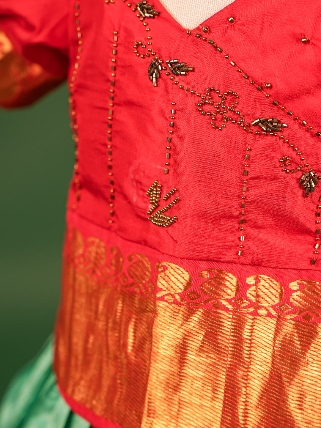 Scarlet Red and Mint Green Pure Silk Pavadai Set – Zari Border & Embroidery