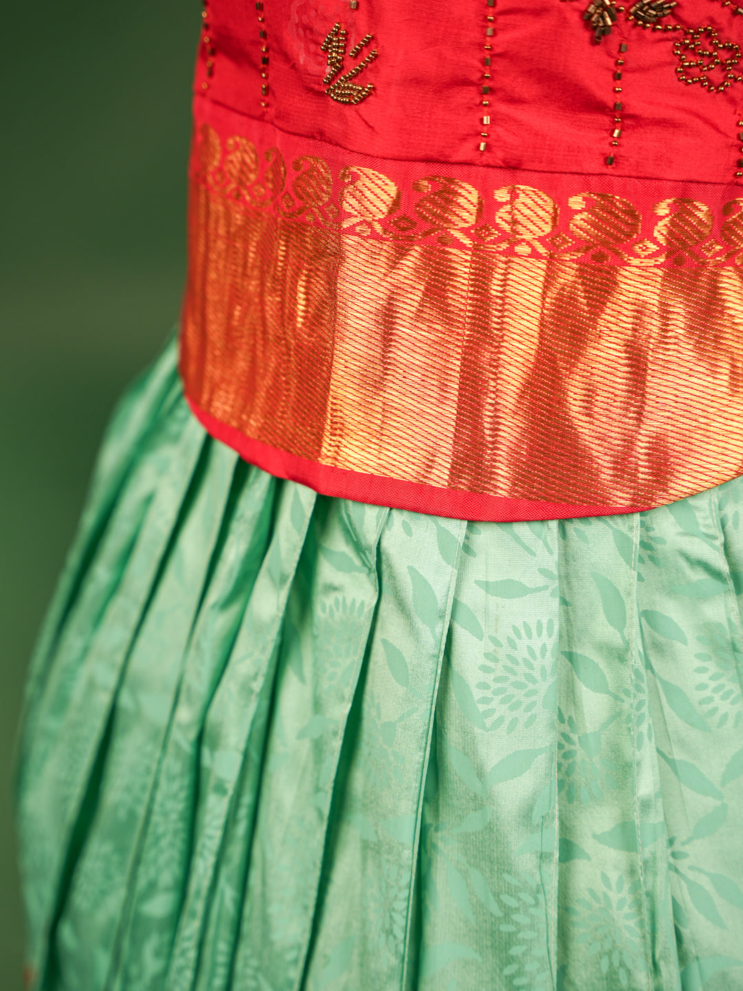 Scarlet Red and Mint Green Pure Silk Pavadai Set – Zari Border & Embroidery