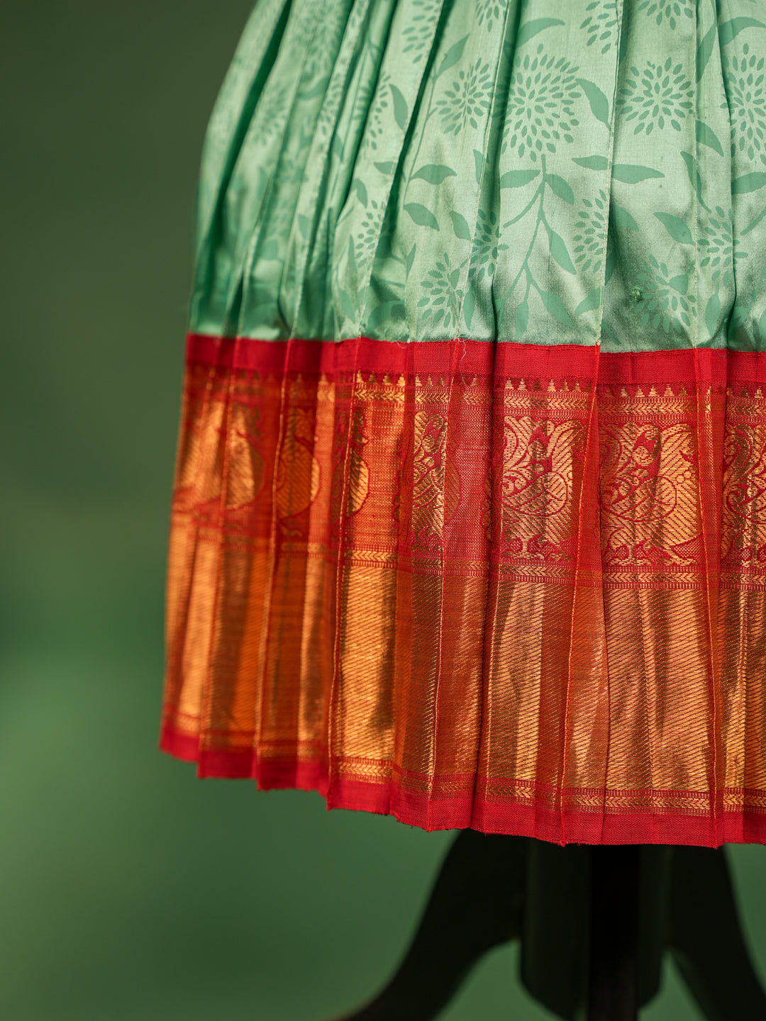 Scarlet Red and Mint Green Pure Silk Pavadai Set – Zari Border & Embroidery