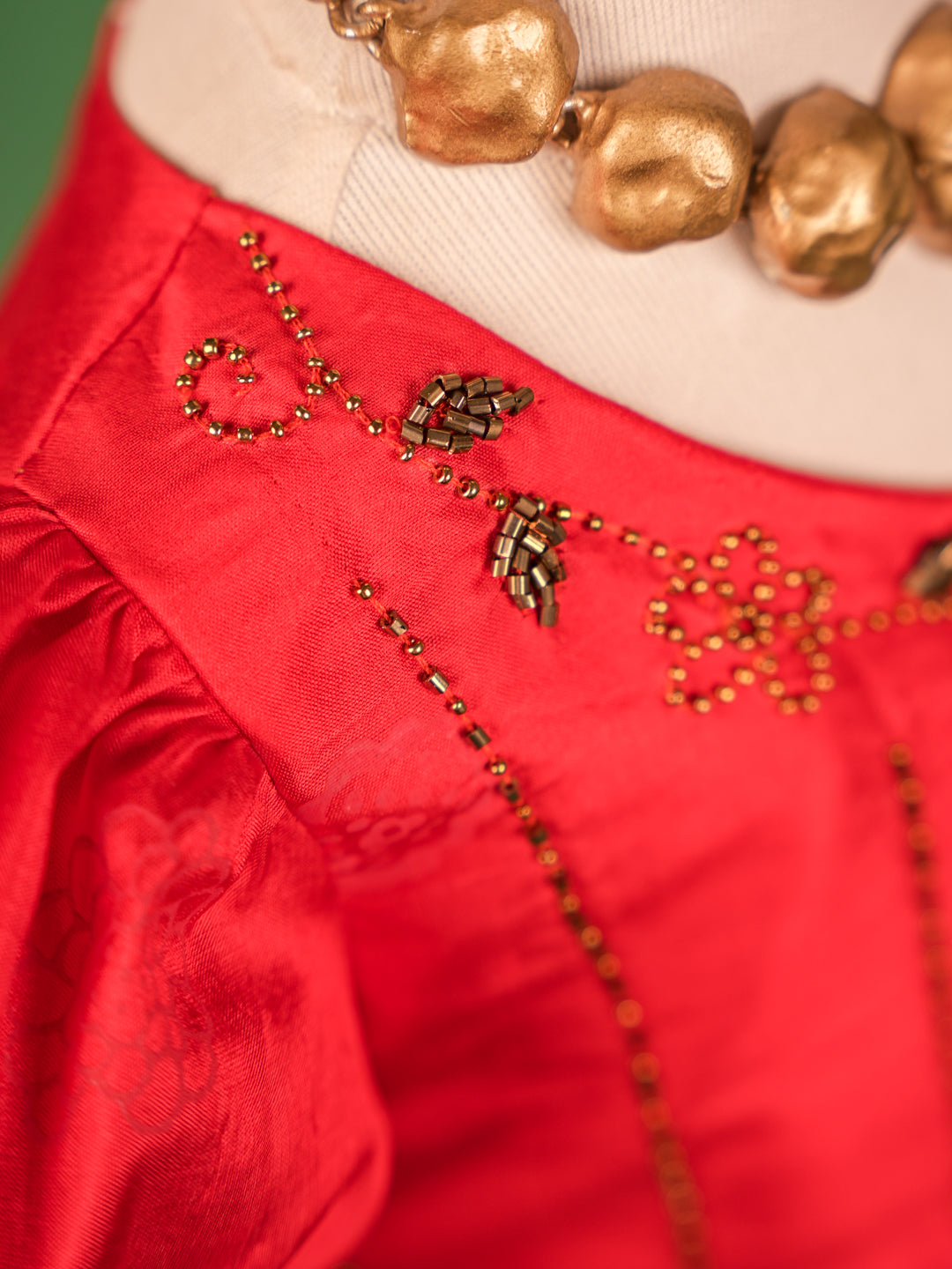 Scarlet Red and Mint Green Pure Silk Pavadai Set – Zari Border & Embroidery