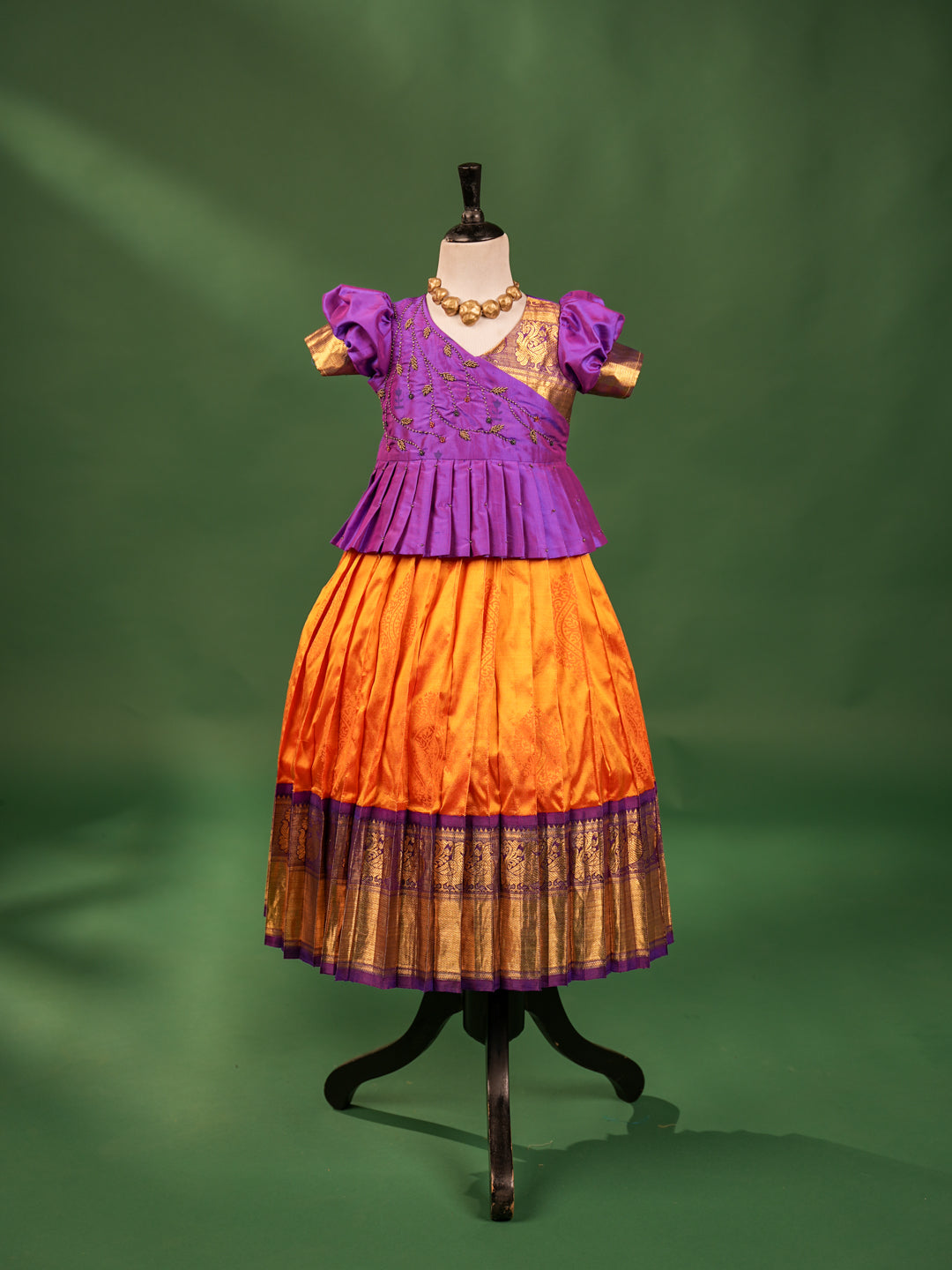 Royal Purple & Orange Silk Pavadai Set – Pleated Asymmetrical Blouse & Grand Zari Border