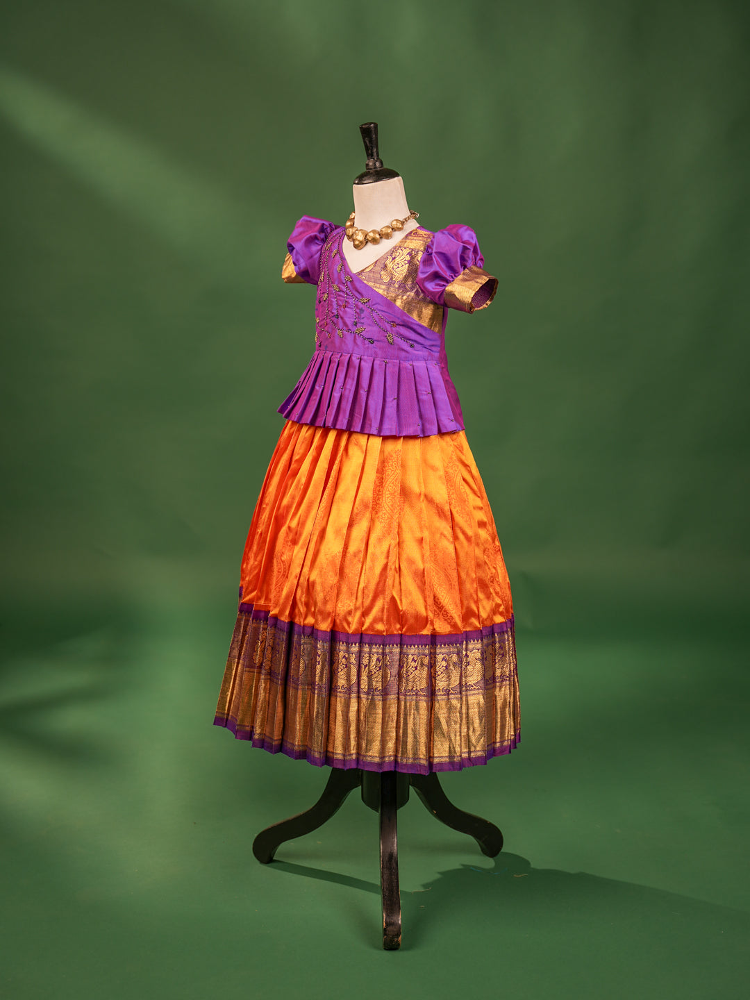 Royal Purple & Orange Silk Pavadai Set – Pleated Asymmetrical Blouse & Grand Zari Border