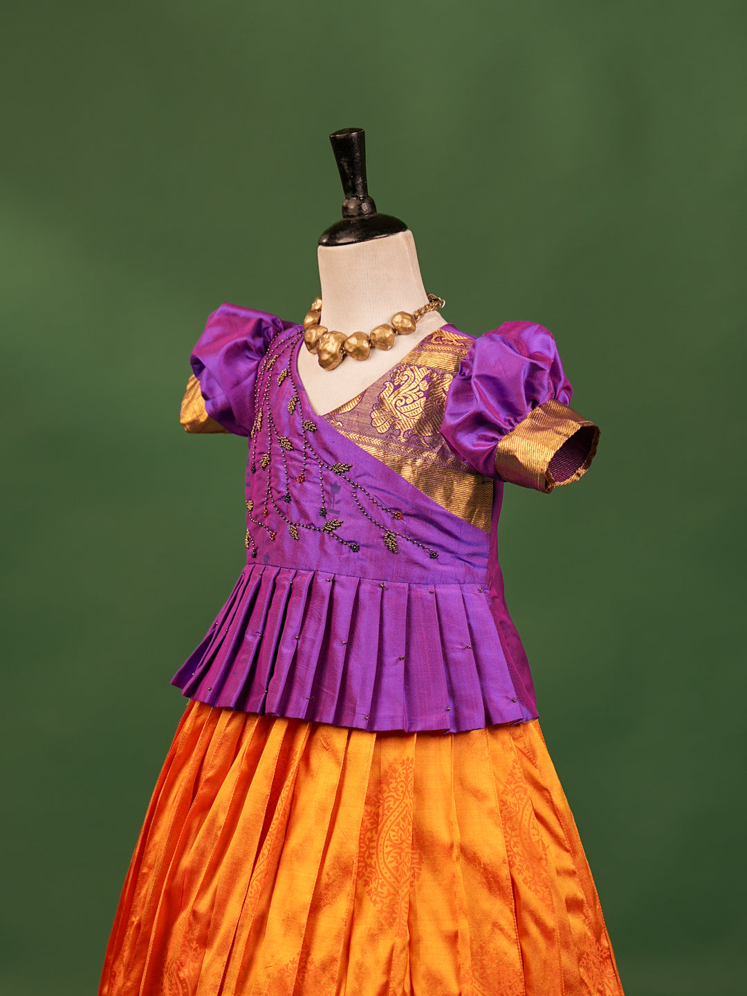 Royal Purple & Orange Silk Pavadai Set – Pleated Asymmetrical Blouse & Grand Zari Border