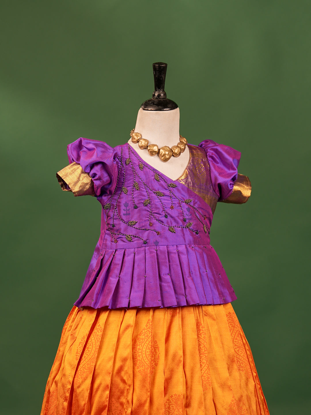 Royal Purple & Orange Silk Pavadai Set – Pleated Asymmetrical Blouse & Grand Zari Border