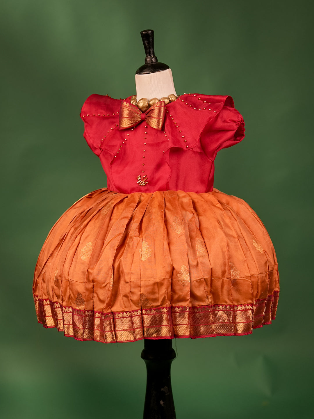 Red and Orange Silk Gown with Bow Embellishment