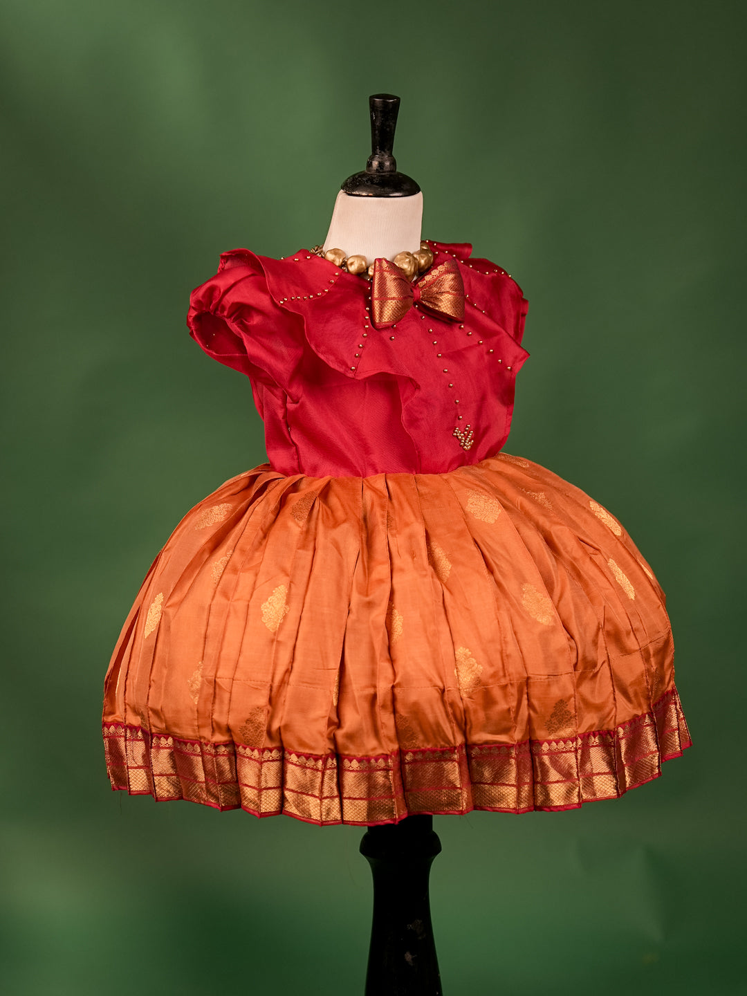 Red and Orange Silk Gown with Bow Embellishment
