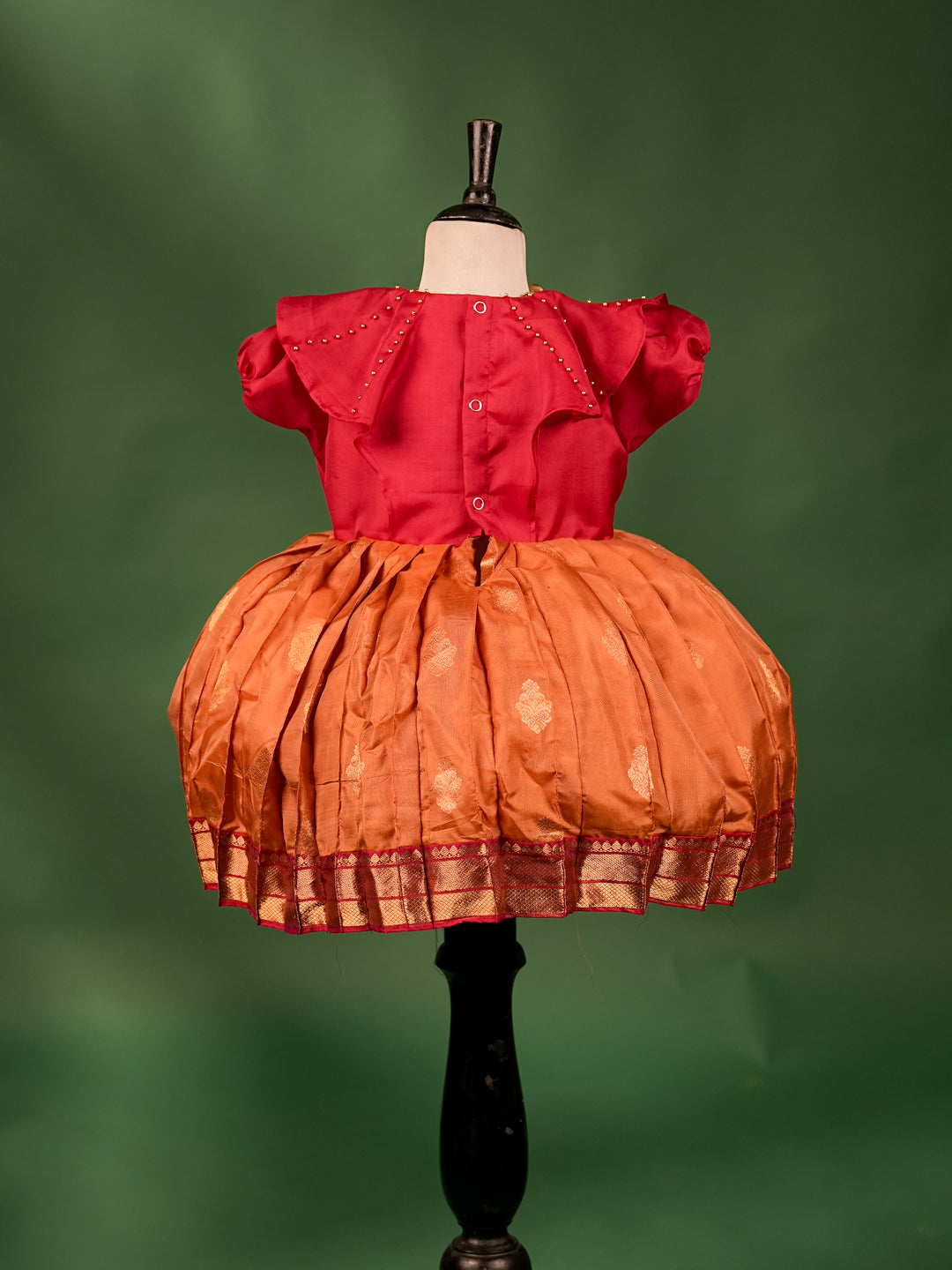 Red and Orange Silk Gown with Bow Embellishment