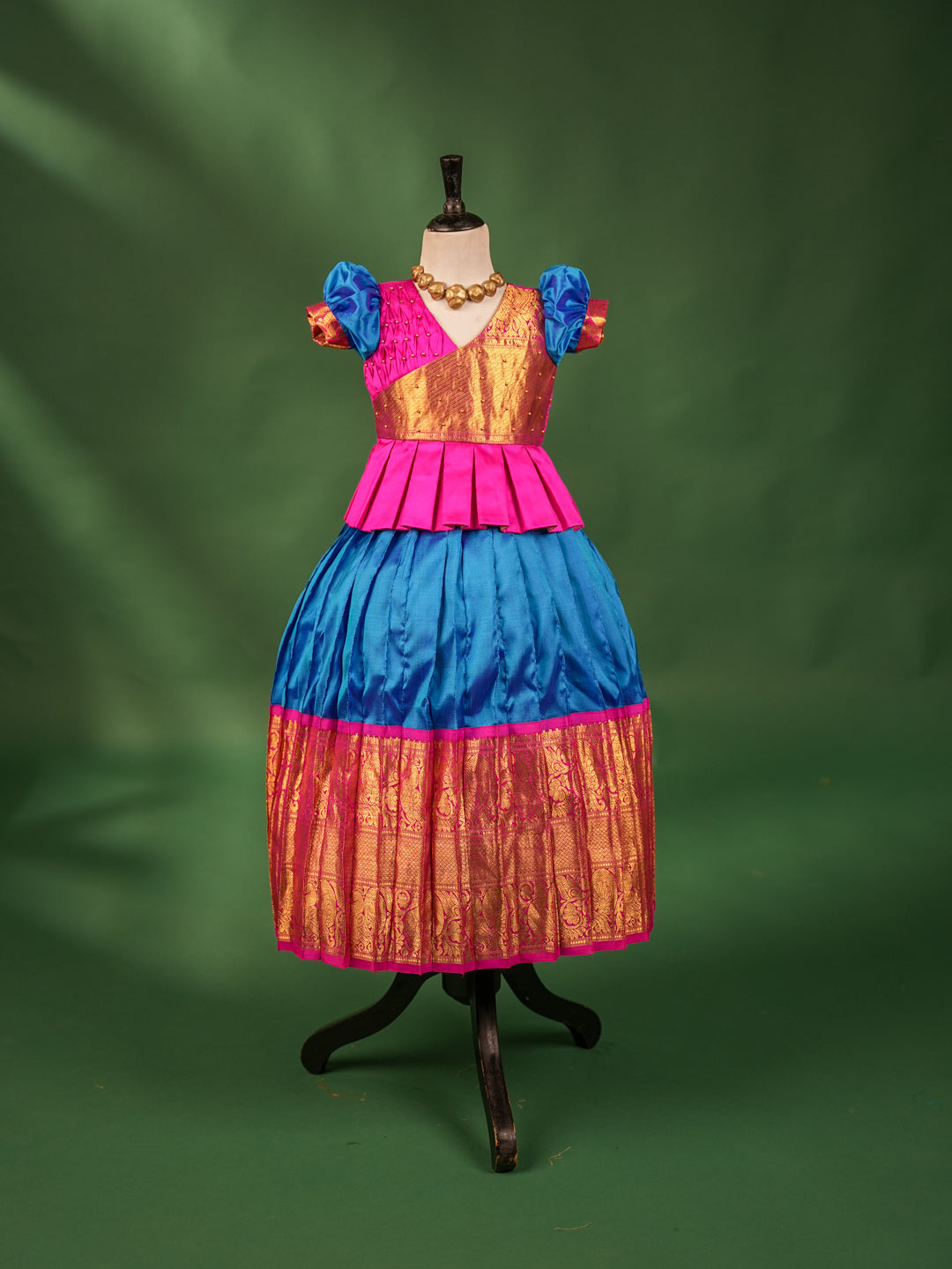 Royal Blue & Orange Kanchipuram Silk Traditional Pattu Pavadai for Kids
