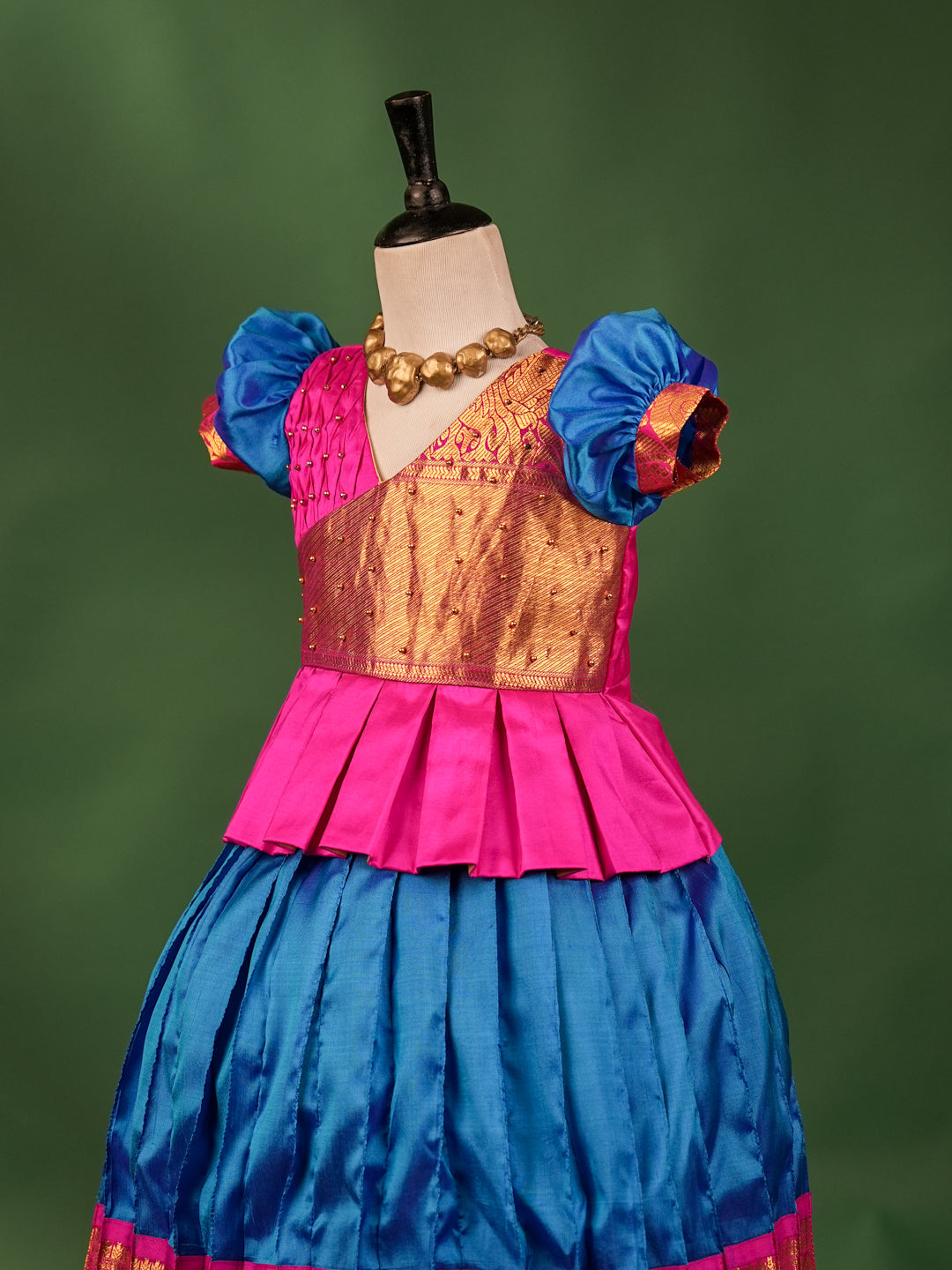 Royal Blue & Orange Kanchipuram Silk Traditional Pattu Pavadai for Kids